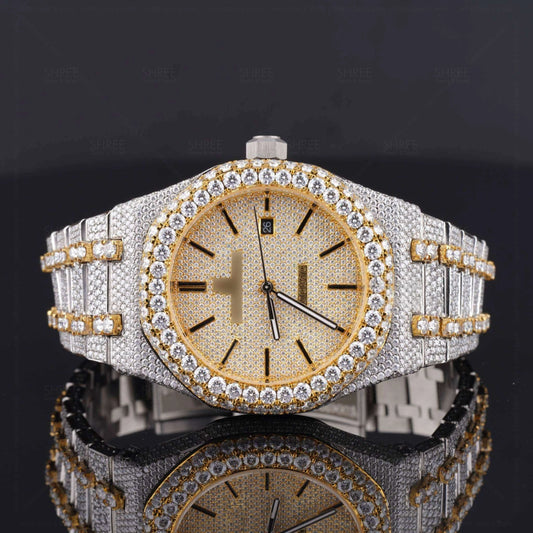 Front view of Women’s Yellow Gold Tone Bustdown Moissanite Watch – Iced Out AP Style Luxury Watch