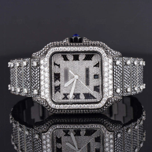 Front view of Black and White Moissanite Diamond Santos Watch | 41 MM