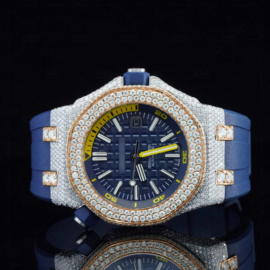 Front View of Luxury Blue Dial Moissanite Watch 41mm Rubber Strap Rose Gold