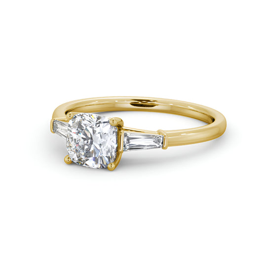 Cushion Diamond Engagement Ring 18K Yellow Gold Solitaire With 2 Side Baguette Stones-ENRCU1YG185-2SB
