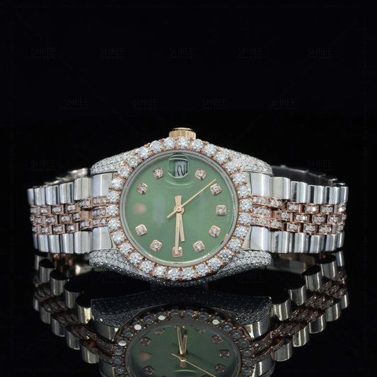 Front View of Green Dial Date Just Style Moissanite Watch | 41 MM | Rose Gold Tone