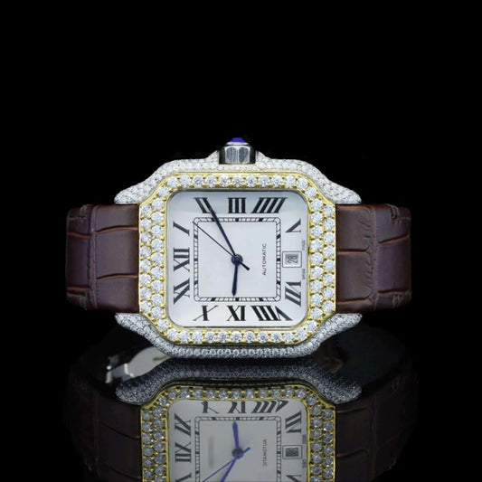 Front View of Roman White Dial Brown Leather Strap Moissanite Watch | 41 MM