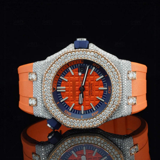 Front view of Orange Rubber Strap Moissanite Wrist Watch | 41 MM | Rose Gold Tone