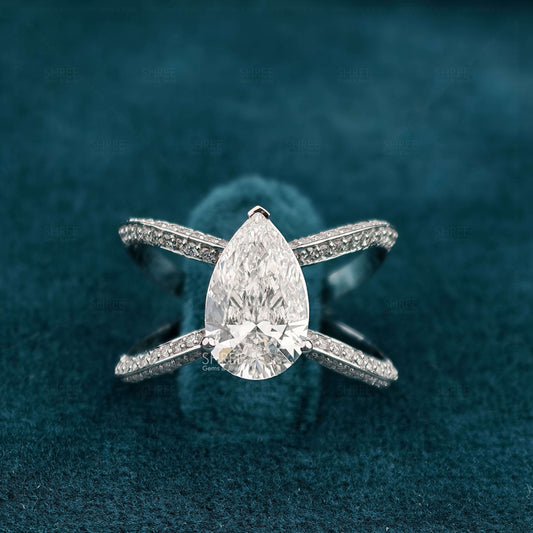 Front View of Pear Cut Lab Diamond Split Shank Wedding Ring For Her