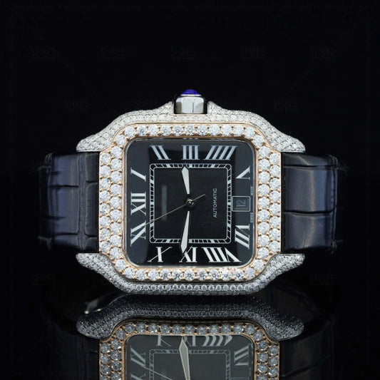 Front View of Roman Black Dial Black Leather Strap Moissanite Watch 41 MM Rose Gold Tone