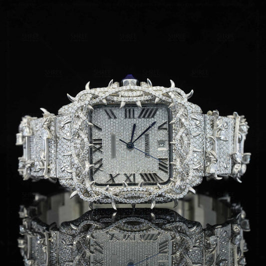 Front view of Roman Dial Moissanite Thorn Watch | 41 MM | White Gold Tone