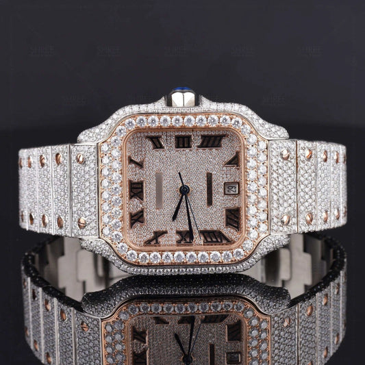 Face View of Santos Pave-Set Moissanite Diamond Watch 41 MM Rose Gold Tone