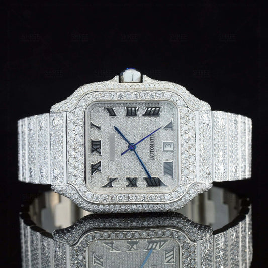 Front view of Santos Pave-Set Moissanite Diamond Watch | 41 MM | White Gold Tone