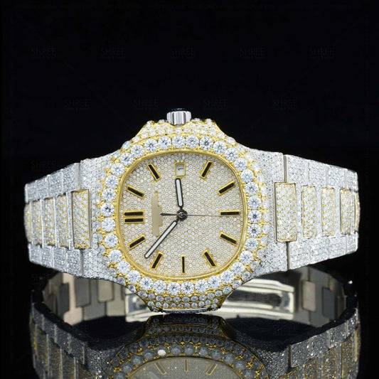 Front view of Two Tone Nautilus Moissanite Diamond Watch 41 MM Yellow Gold Tone