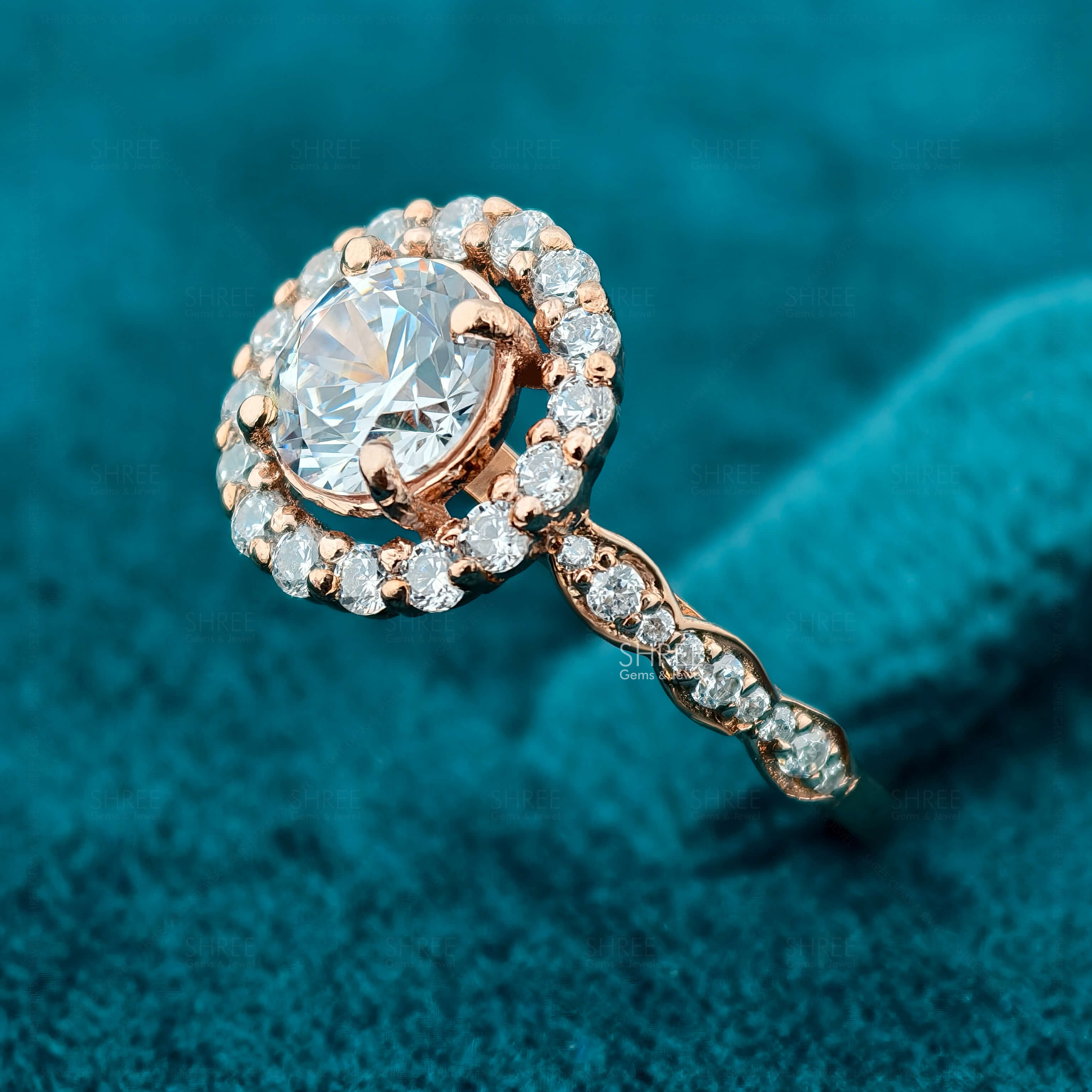 Side view of 0.25Ct Round Lab Diamond Vintage Style Halo Engagement Ring