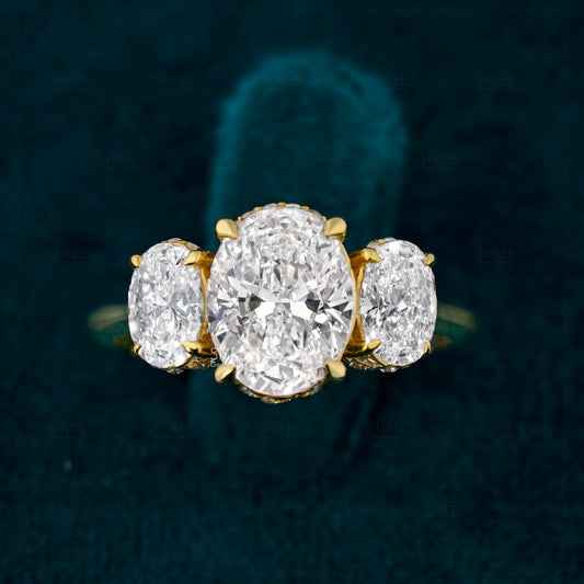 Oval Cut Lab Diamond Three Stone Engagement Ring For Women