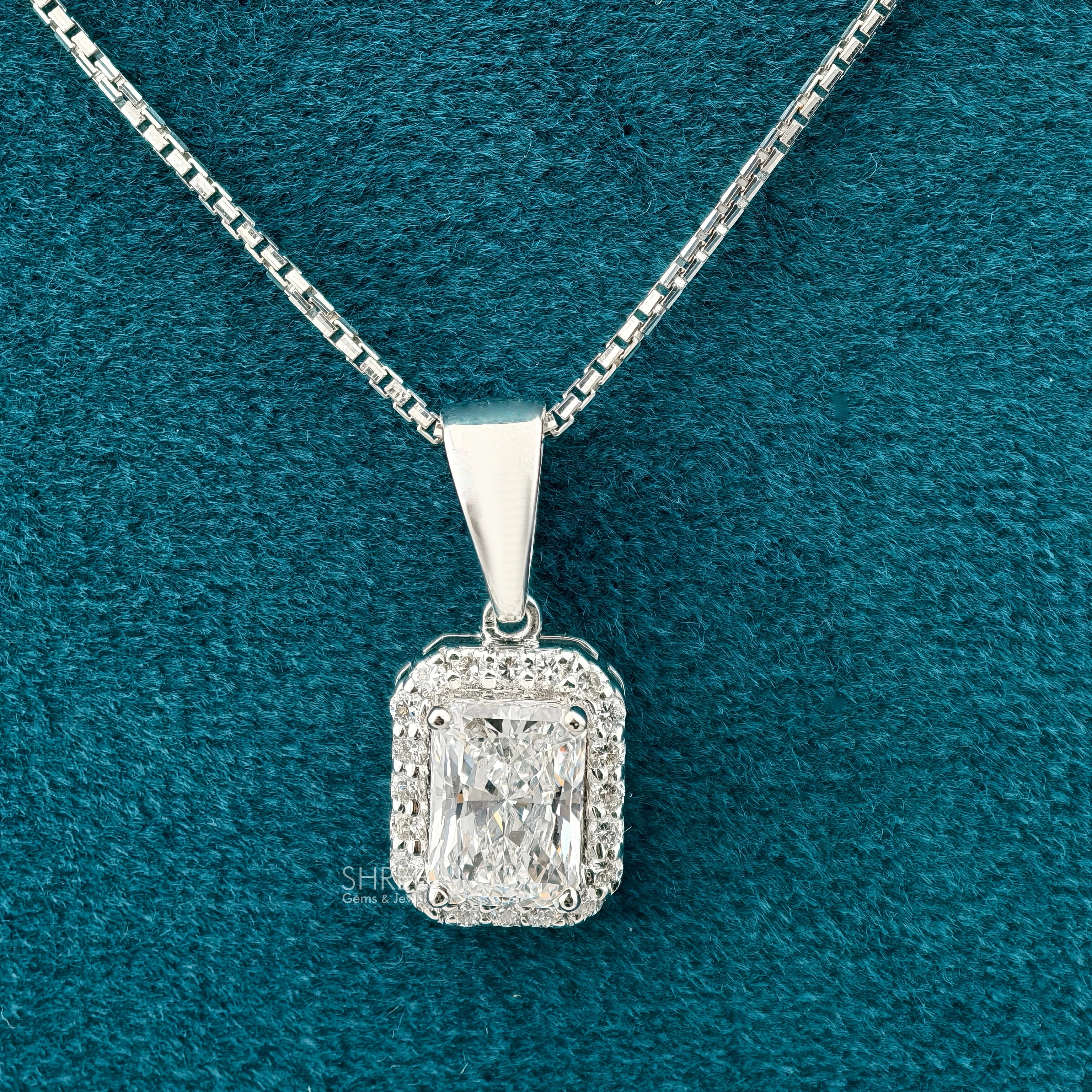 Front View of 1.50 Ct Emerald Cut Diamond Halo Pendant