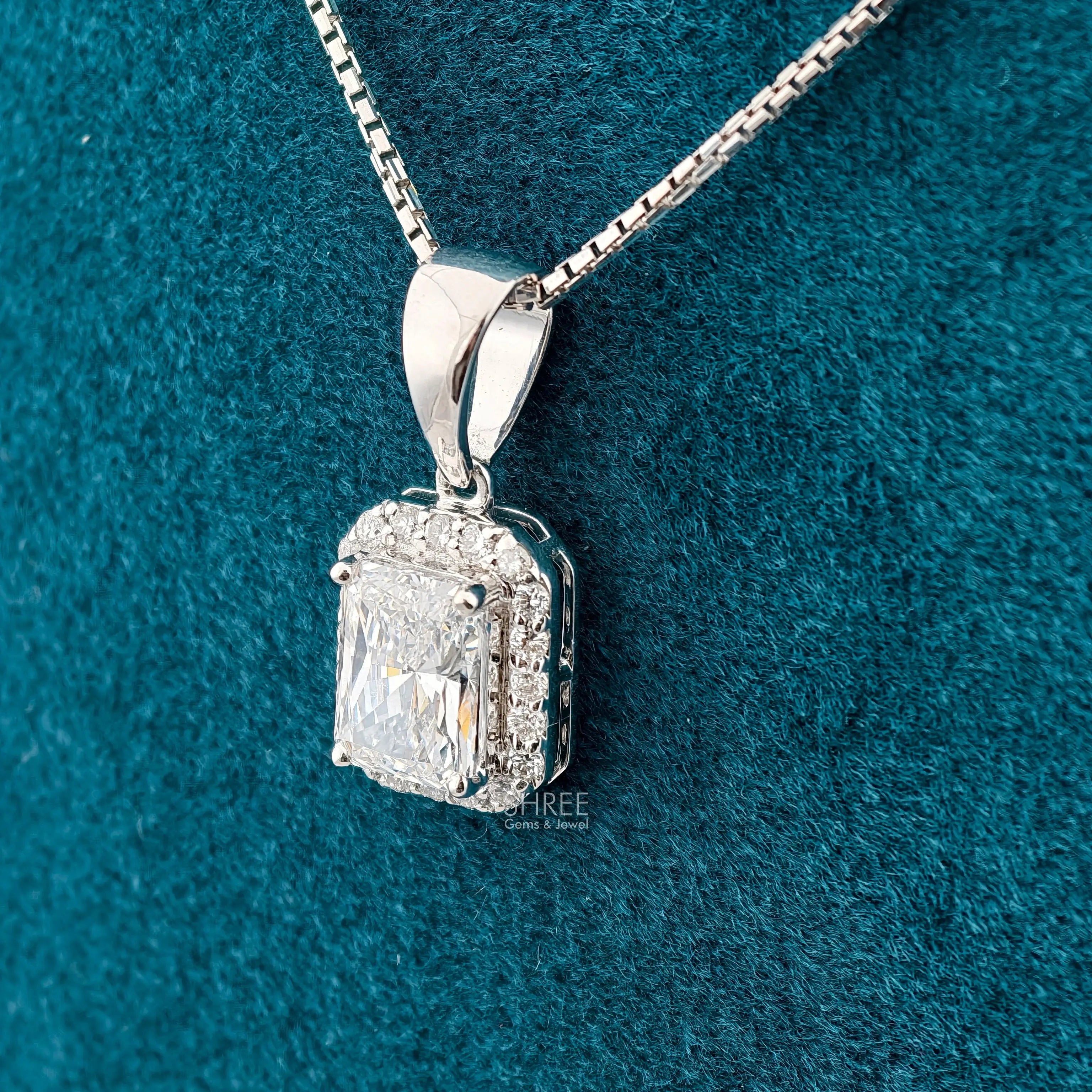 Side View Of 1.50 Ct Emerald Cut Lab Diamond Halo Pendant