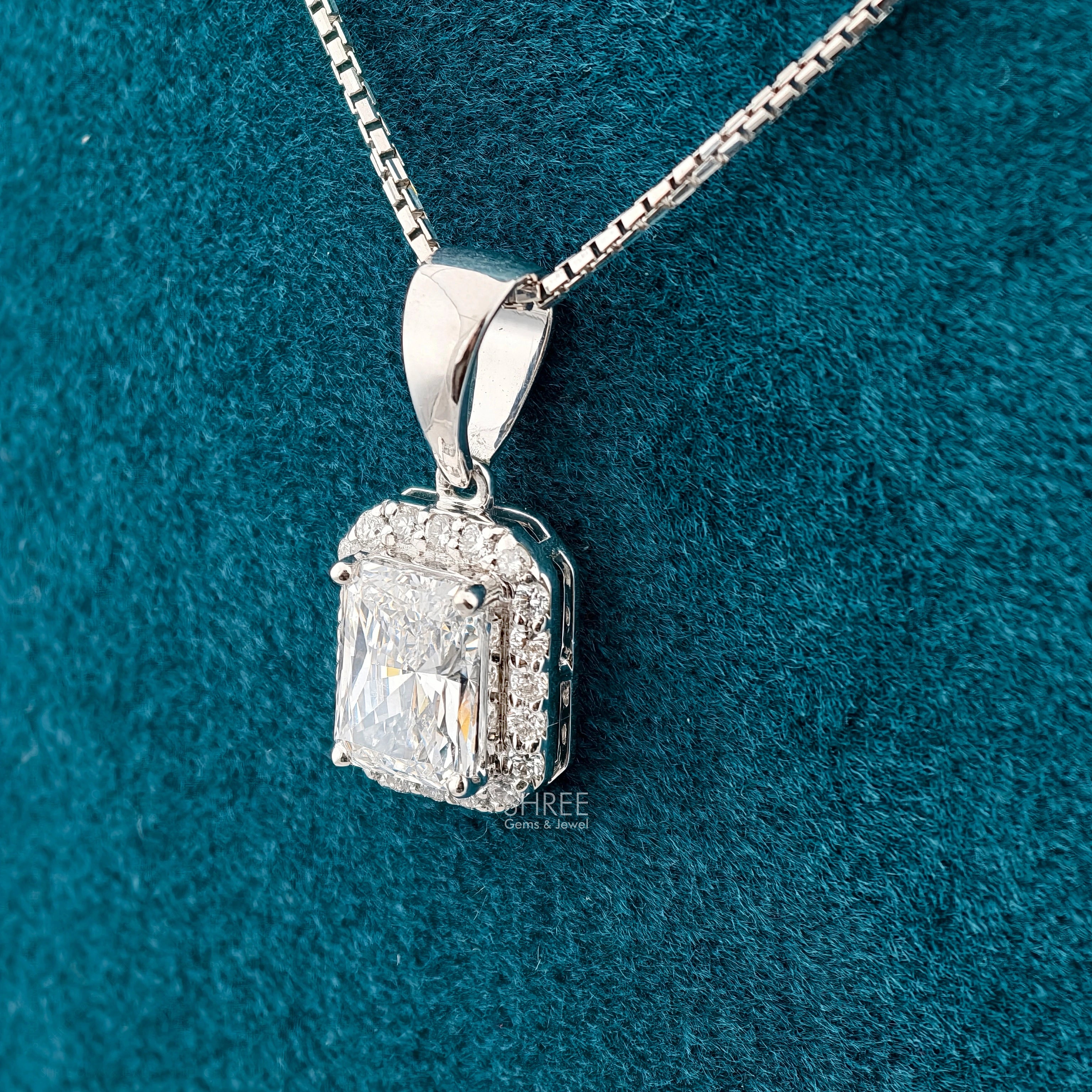 Side View Of 1.50 Ct Emerald Cut Lab Diamond Halo Pendant