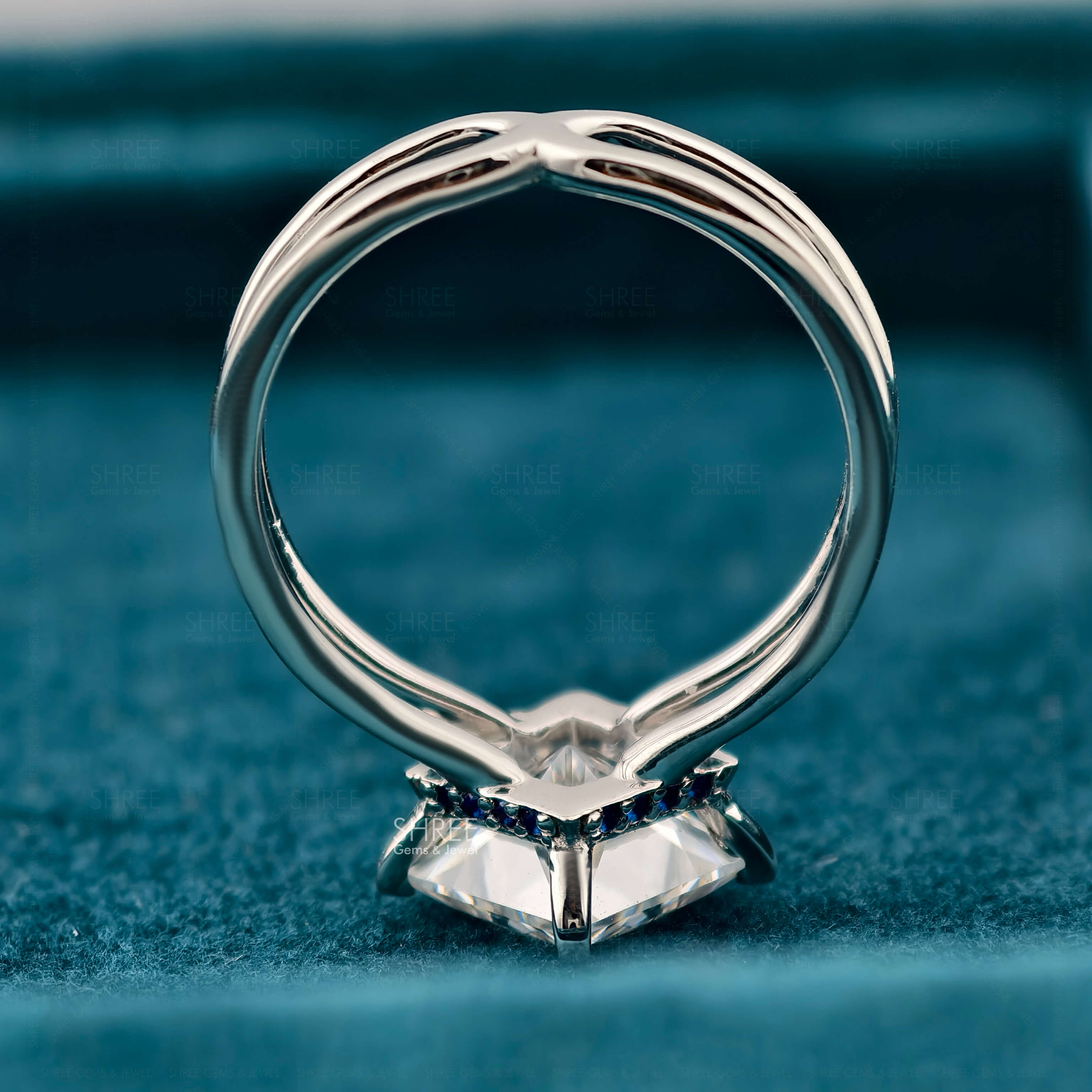 side view of princess cut hidden halo engagement rings​
