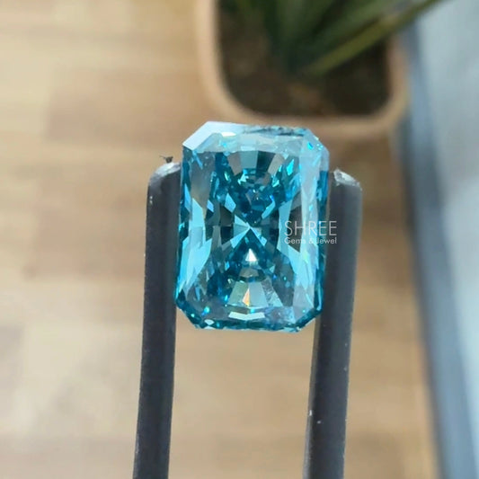 Front View of Blue Color Radiant Cut Lab Grown Diamond​ 