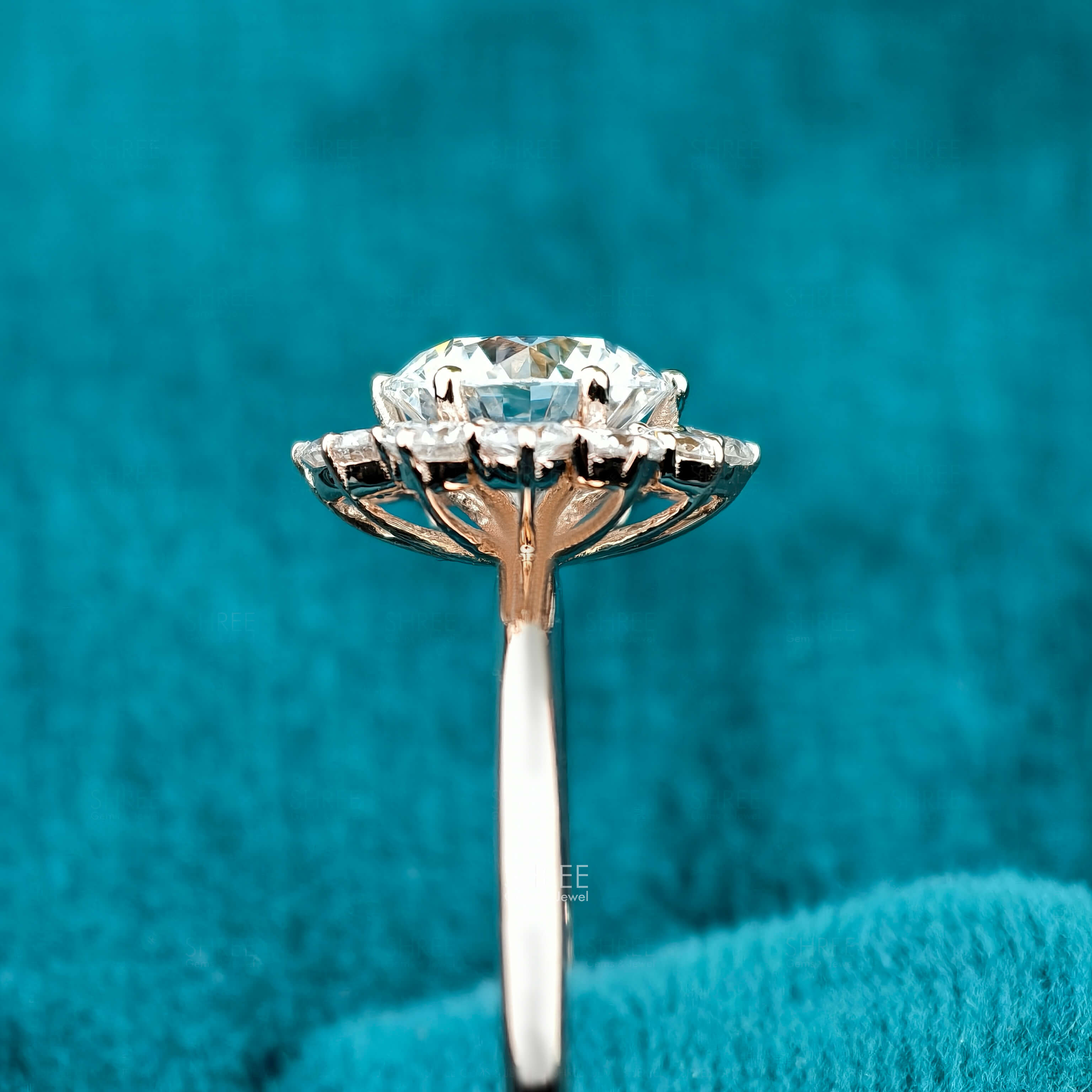 Side view of 1.5 Carat Flower Halo Diamond Engagement Ring