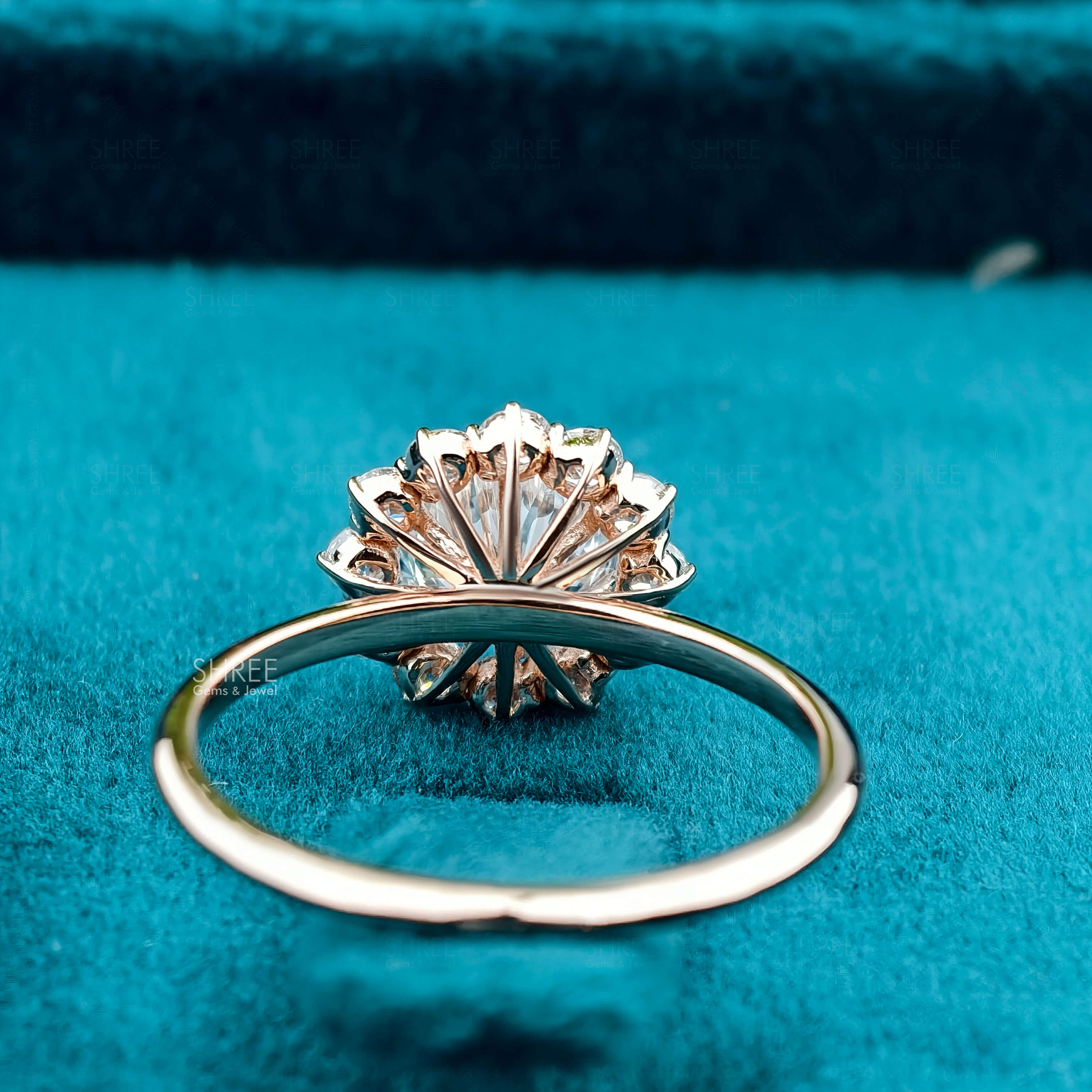 Back side view of 1.5 Carat Flower Halo Diamond Engagement Ring