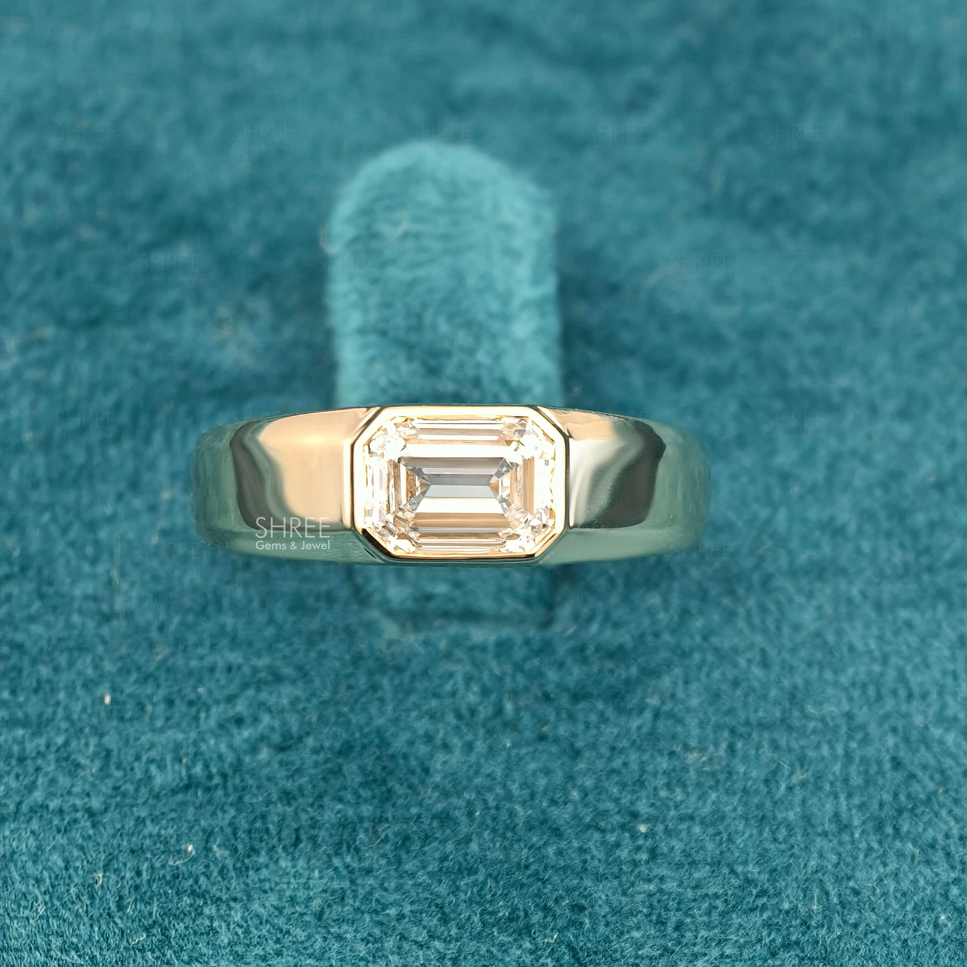 Front View of 1.5 Ct Emerald Cut Solitaire Mens Bezel Ring