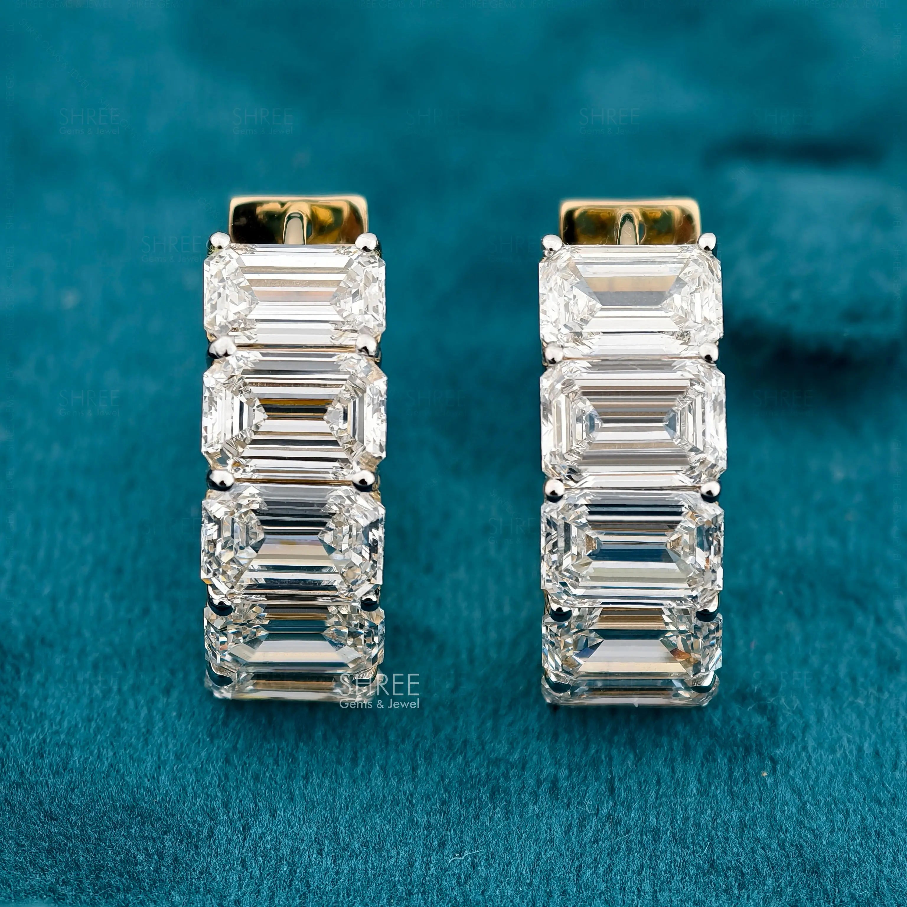 front view of emerald diamond hoop earrings​
