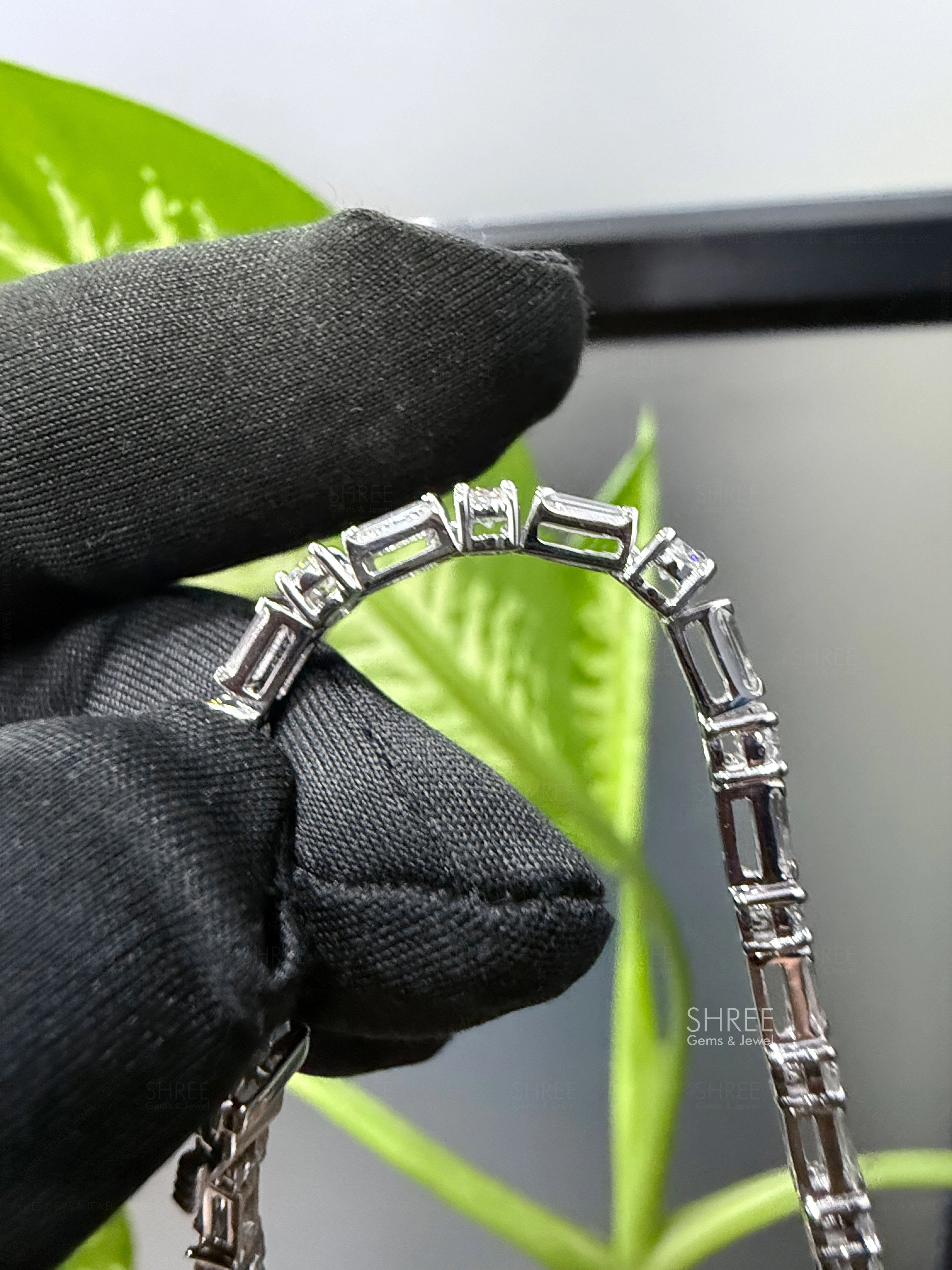 side view of round and baguette diamond bracelet