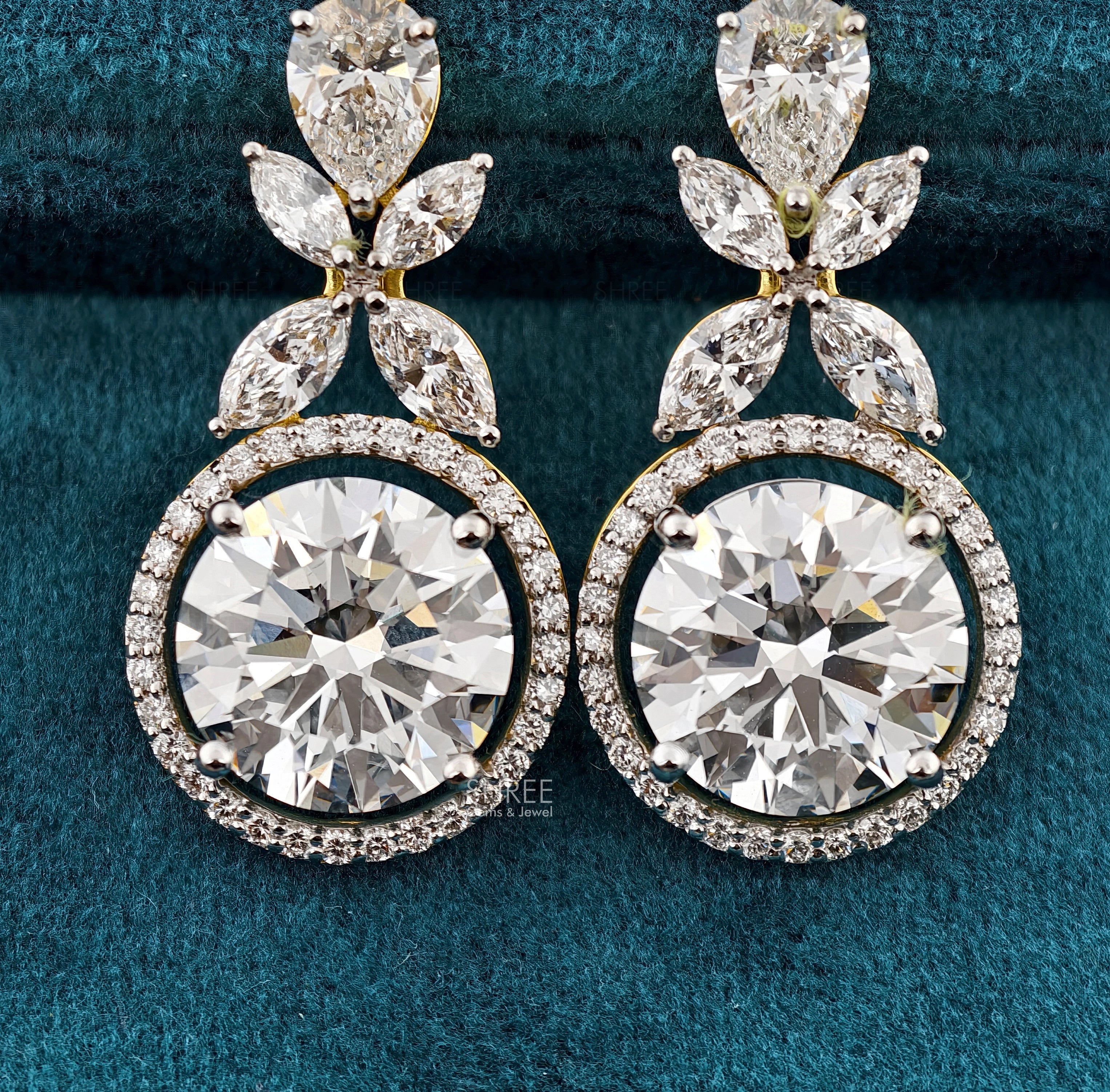 Front View Of 10 Ct Round Cut Lab Grown Diamond Halo Drop Earrings