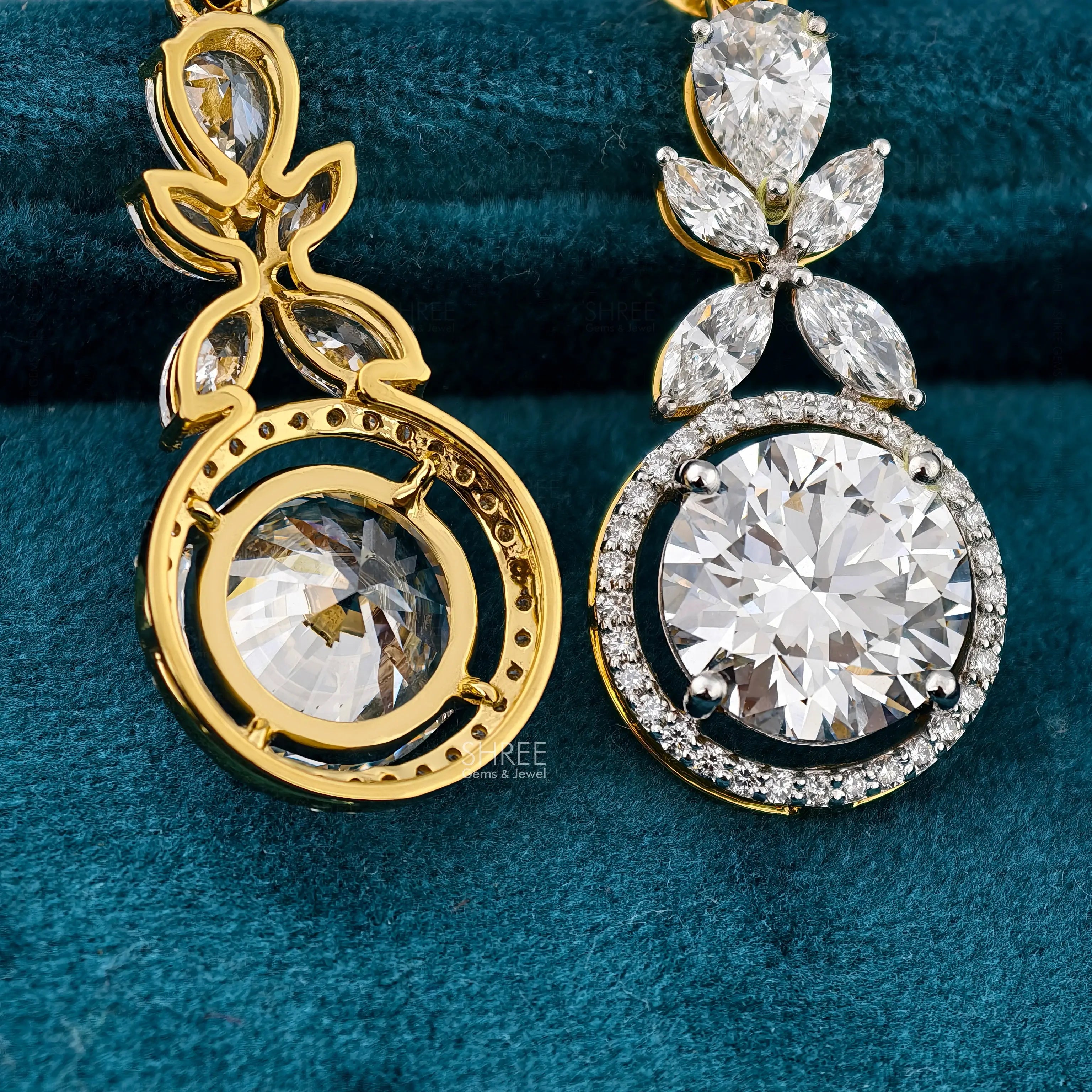 Close up View of 10 Ct Round Cut Lab Grown Diamond Halo Drop Earrings