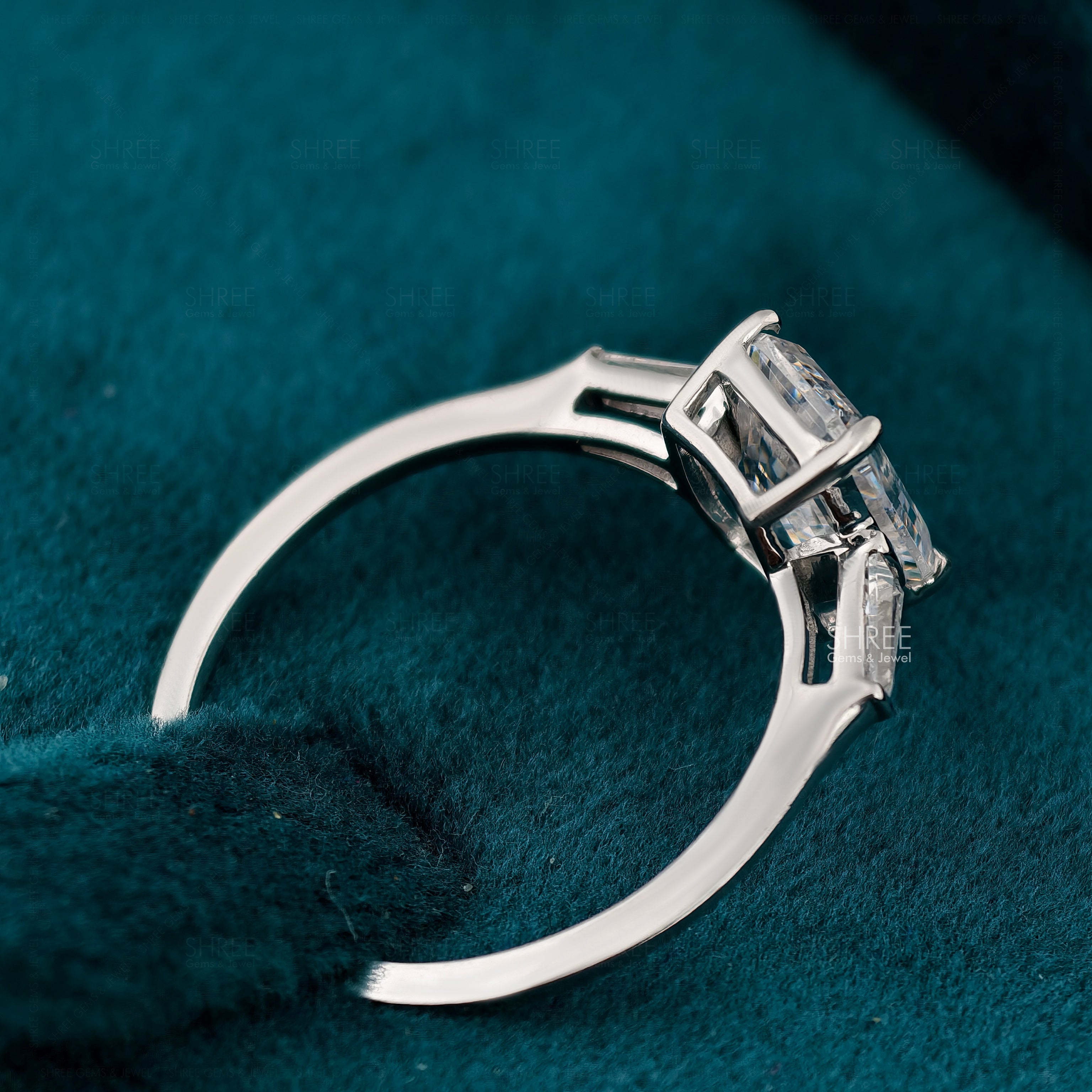 Emerald Cut Lab Grown Diamond 3 Stone Engagement Ring