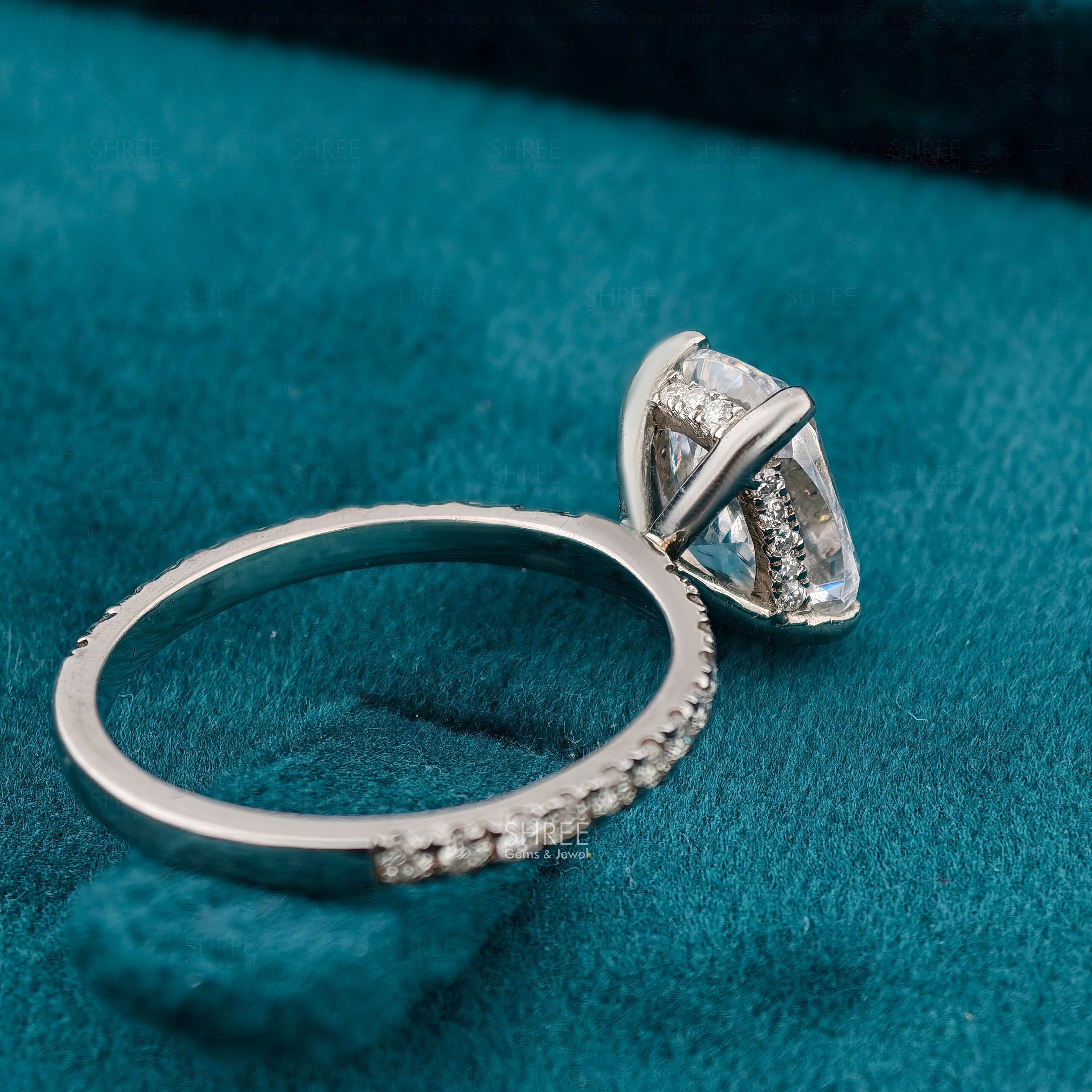 Cushion Cut Lab Diamond Hidden Halo Half Eternity Wedding Ring