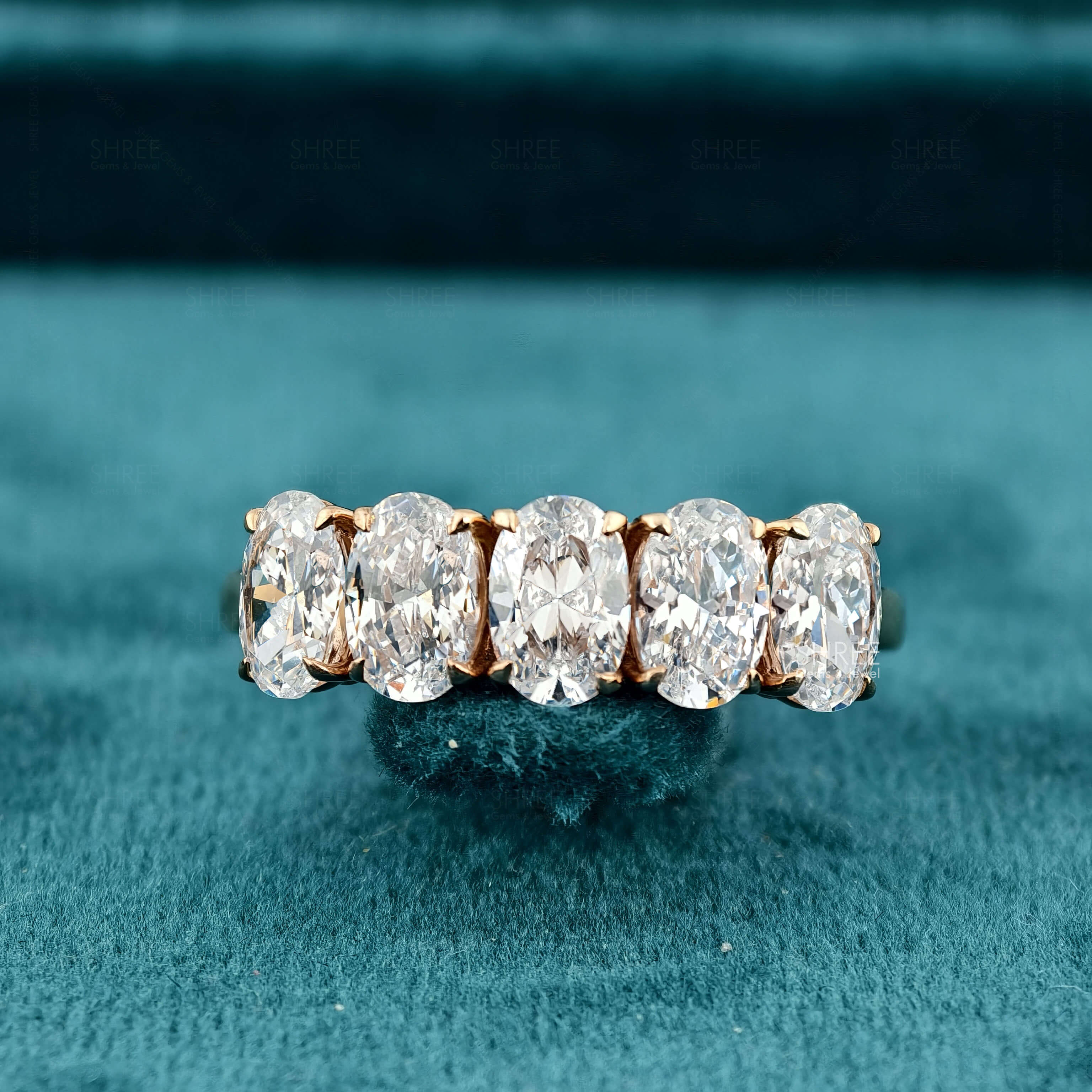 Front view of 1.5 Carat Oval Cut 5 Stone Lab Diamond Half Eternity Ring