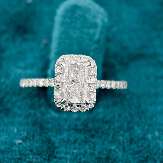 Front View of 1 Carat Radiant Diamond Halo Engagement Ring with Accent