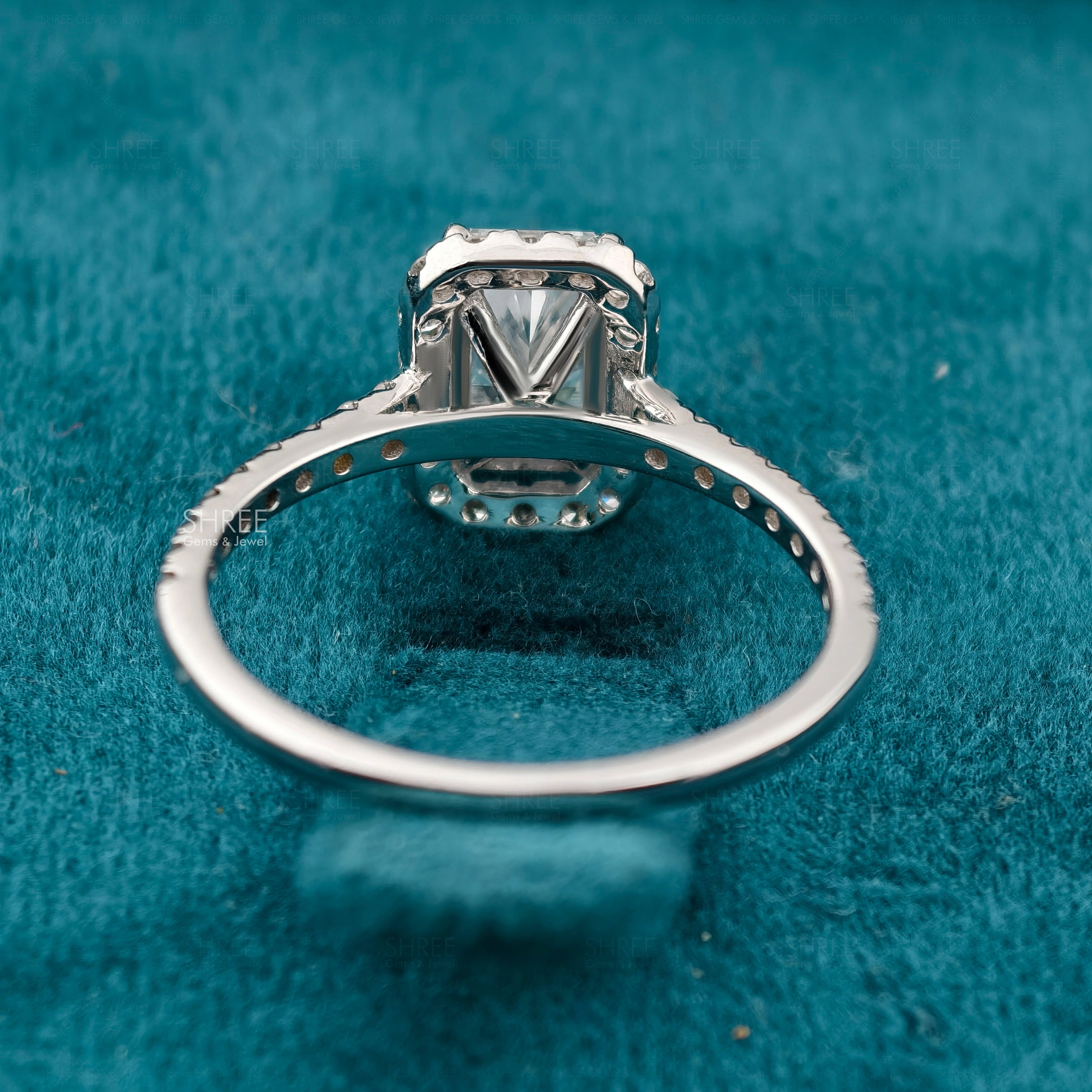 Back Side view of 1 Carat Radiant Diamond Halo Engagement Ring with Accent