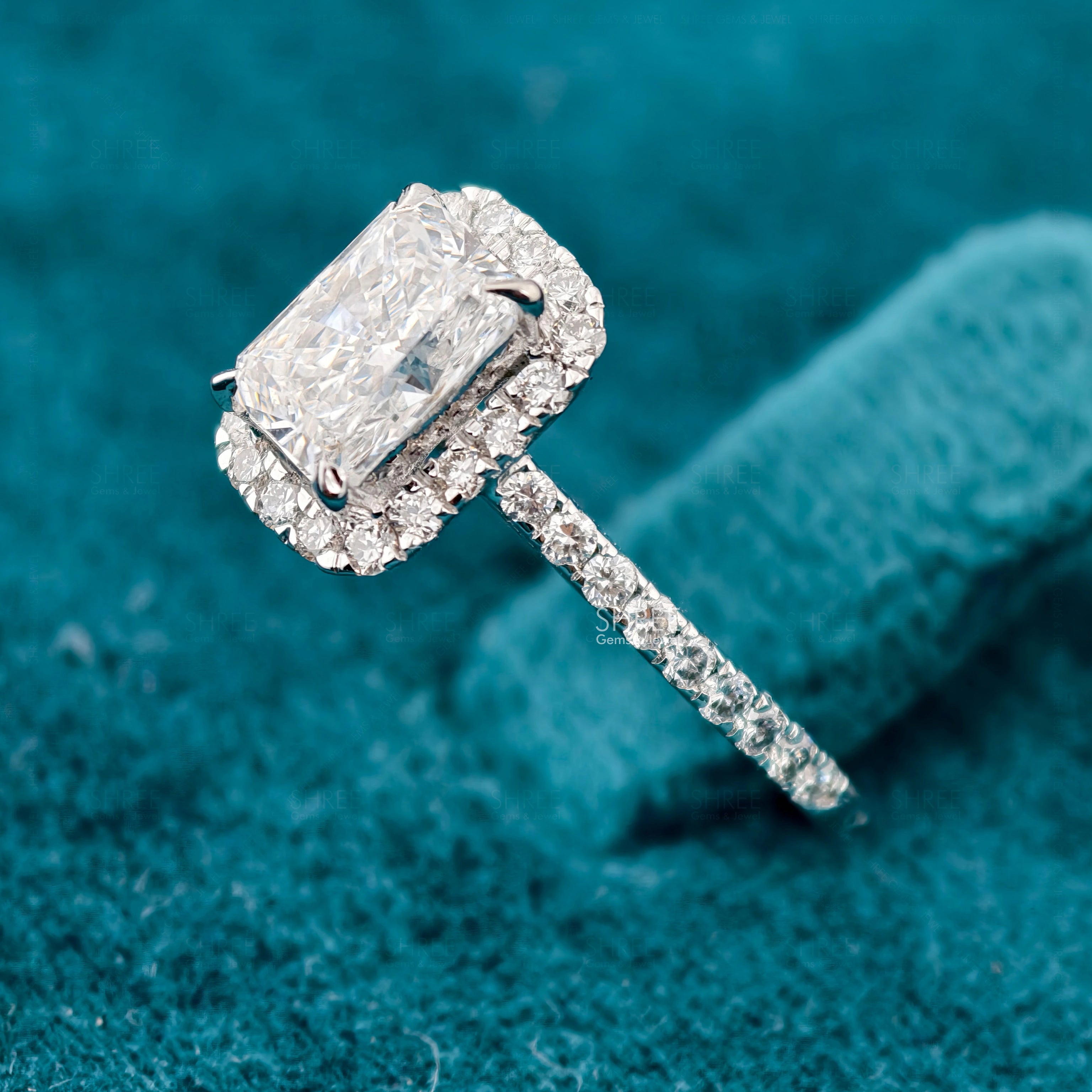 side view of 1 Carat Radiant Dainty Halo Ring for Engagement