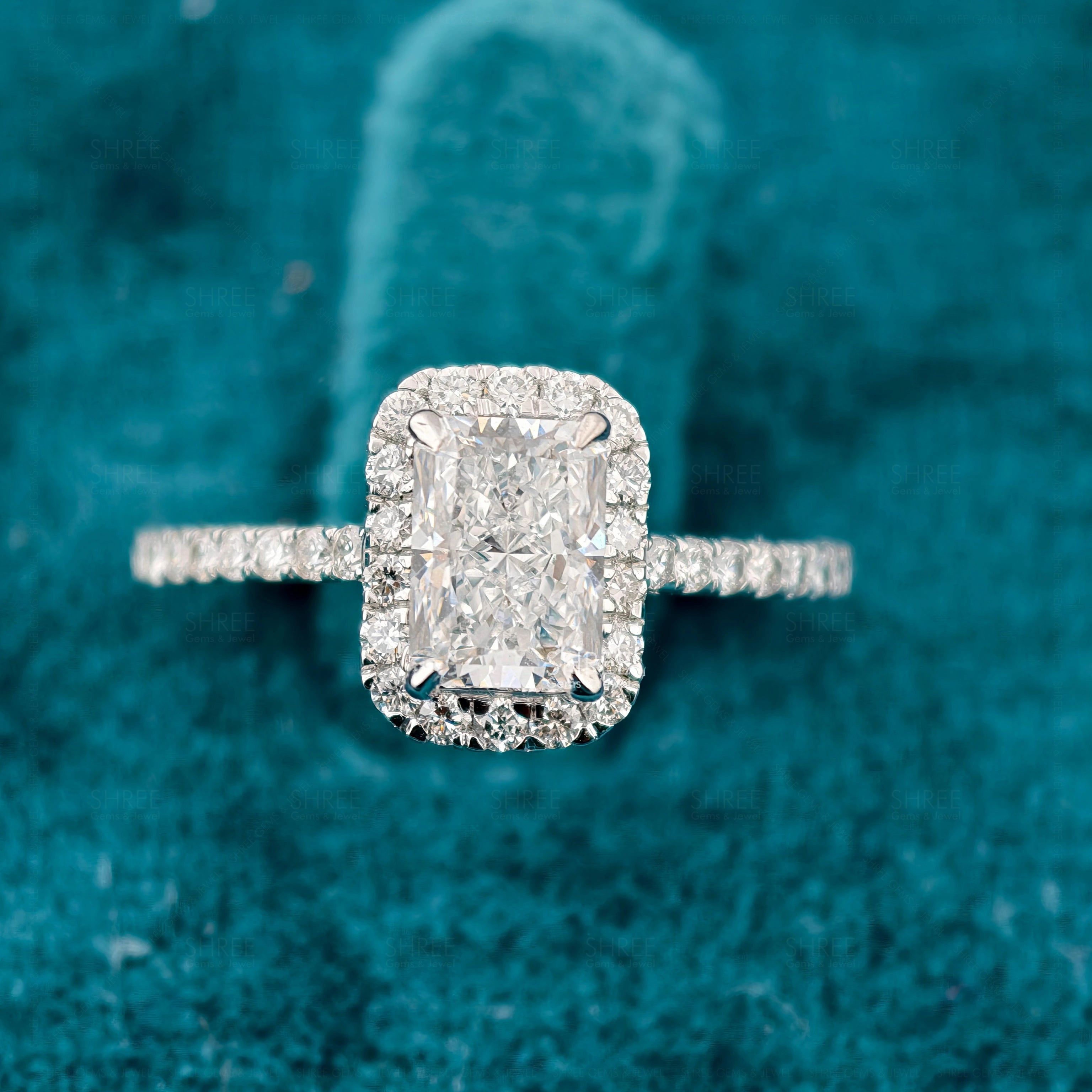 Front view of 1 Carat Radiant Dainty Halo Ring for Engagement