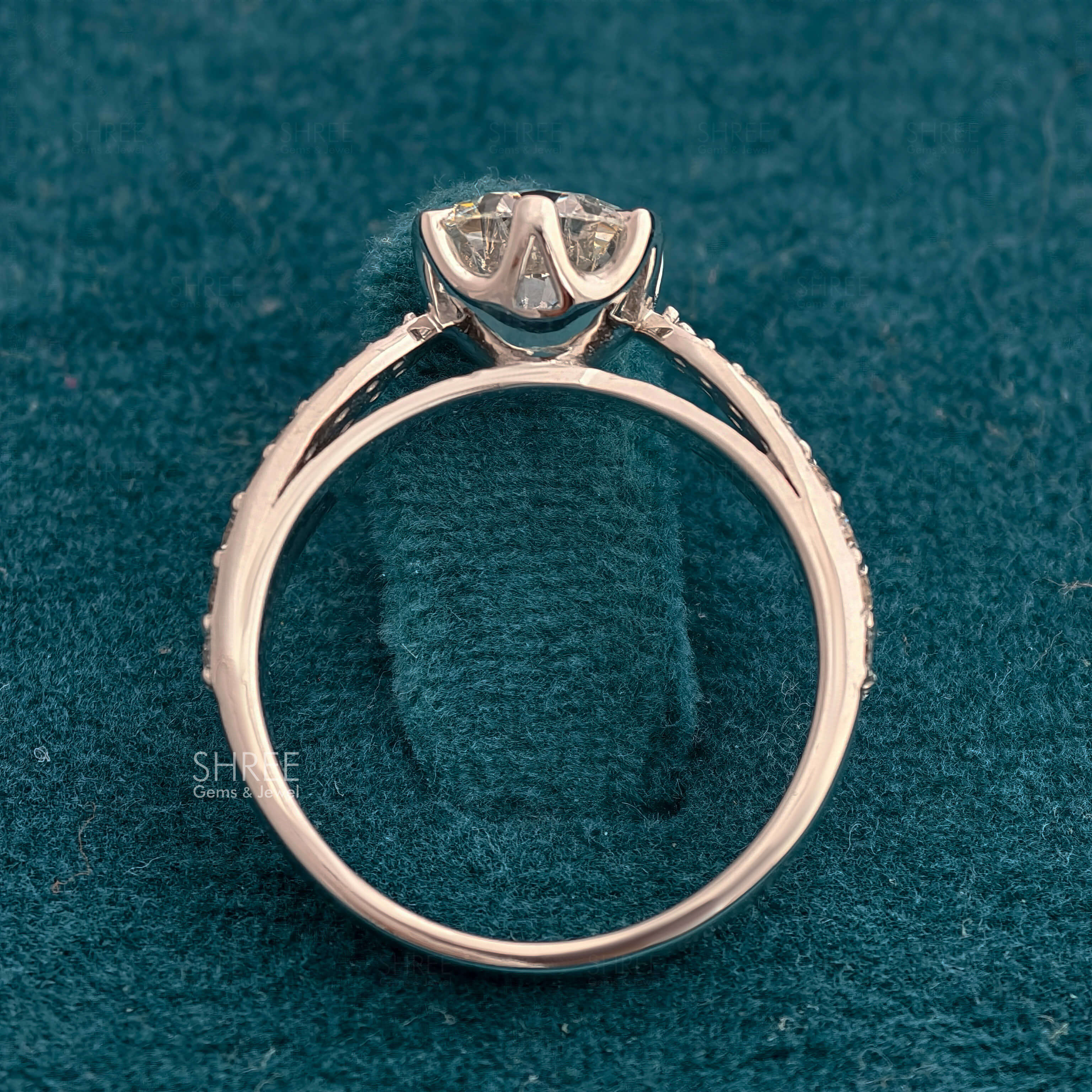 Details setting view 1 Carat Round Brilliant Lab Grown Diamond Ring with Side Accents