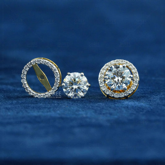 front view of lab grown diamond halo earrings​
