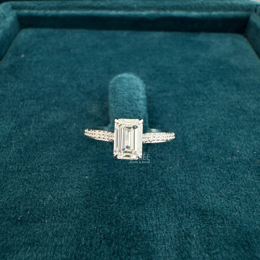 front view of emerald cut lab grown diamond ring​
