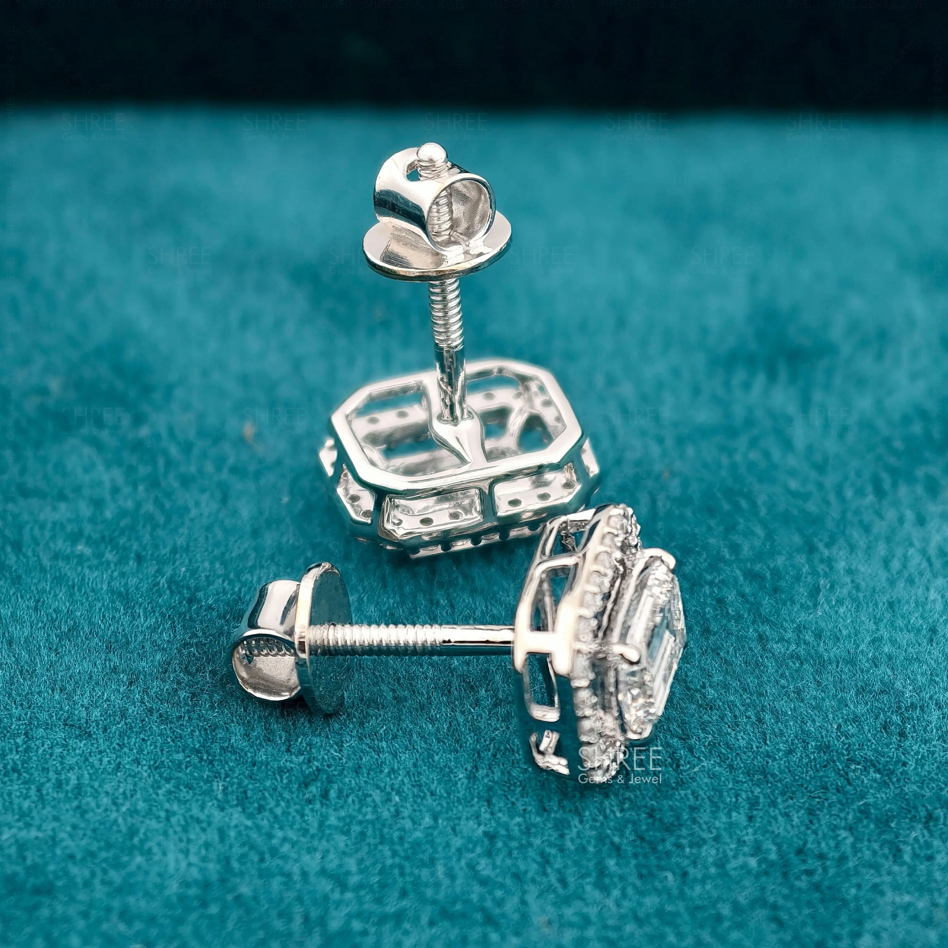 back screow view of emerald shape diamond earrings​