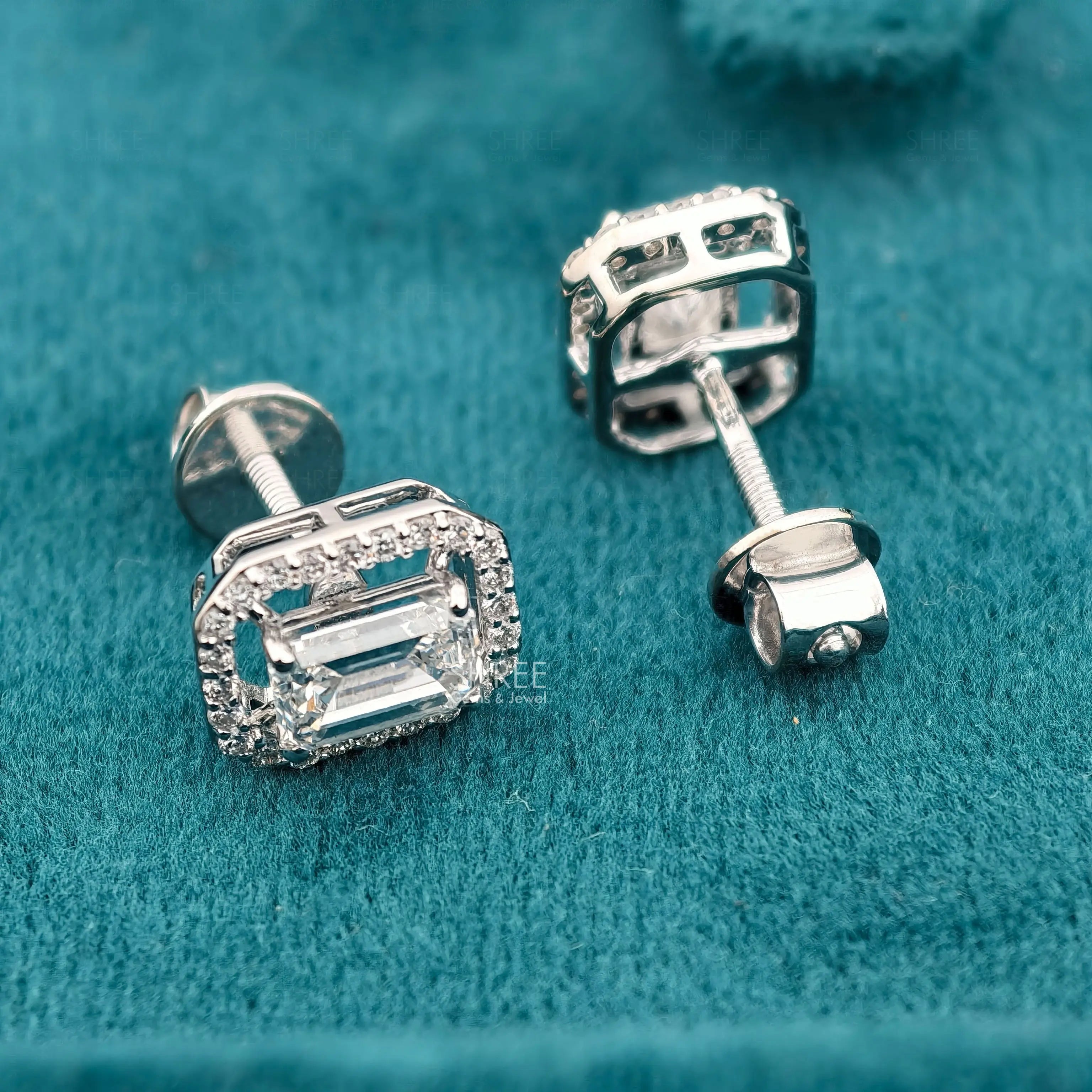 front and back view of emerald cut diamond stud earrings​
