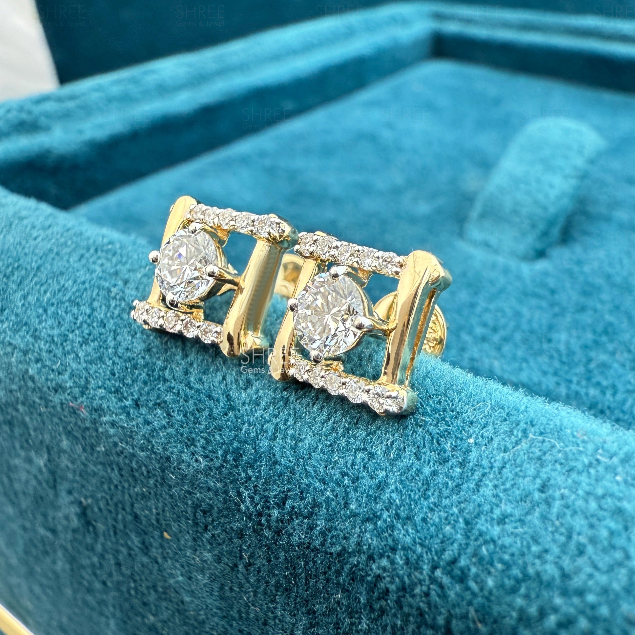 Angled View of Square Frame Lab Created Diamond Stud Earrings