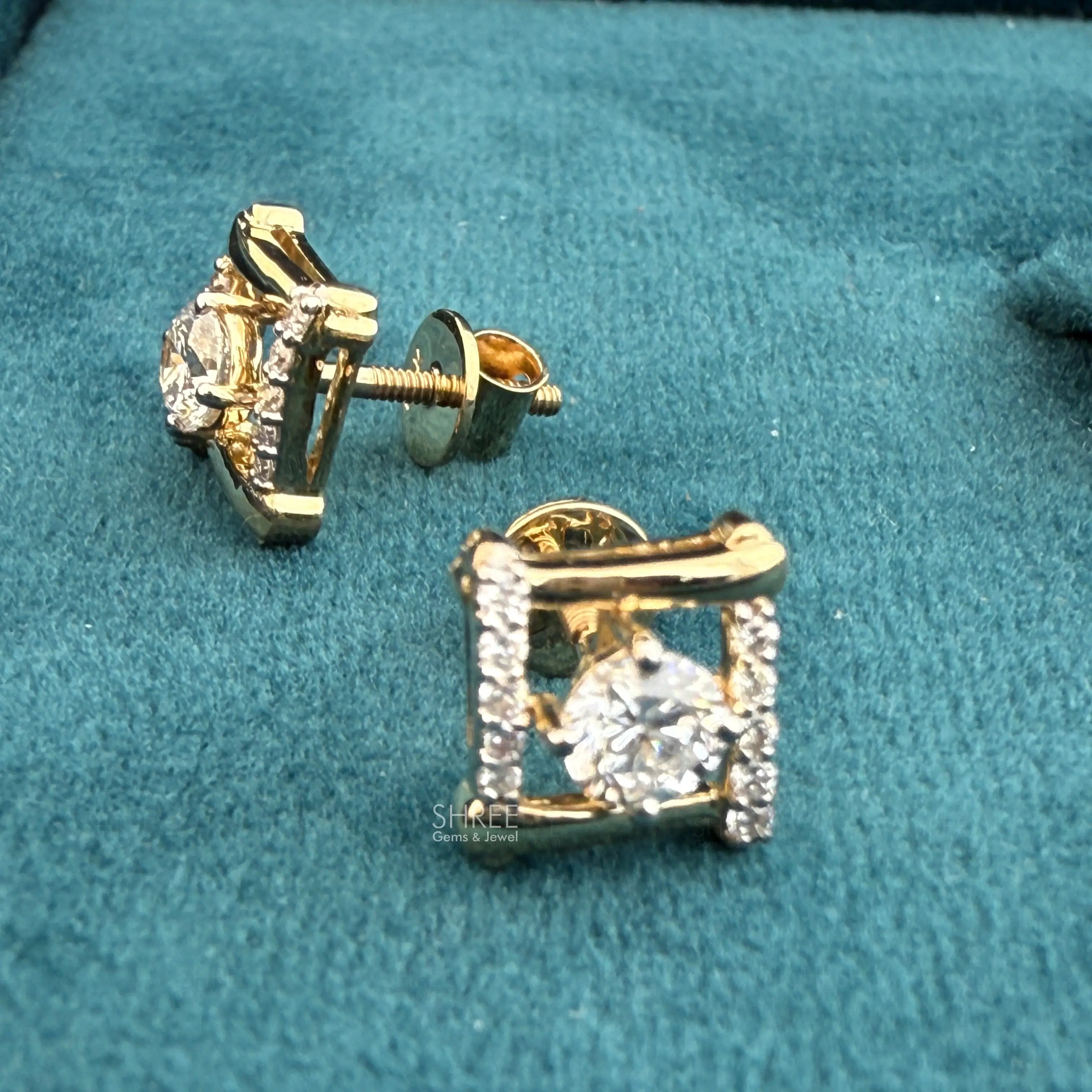 Angled View of Square Frame Lab Created Diamond Stud Earrings