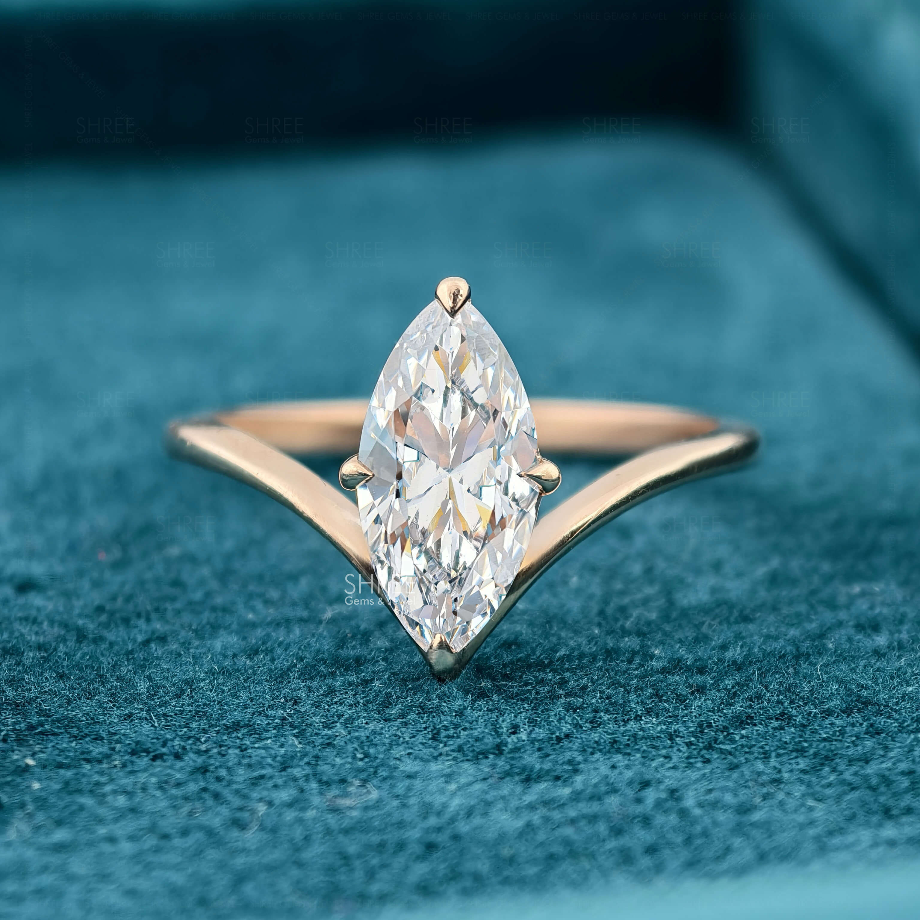 Front View of 1 Ct Marquise Cut Lab Grown Diamond V-Band Solitaire Ring