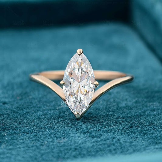 Front View of 1 Ct Marquise Cut Lab Grown Diamond V-Band Solitaire Ring
