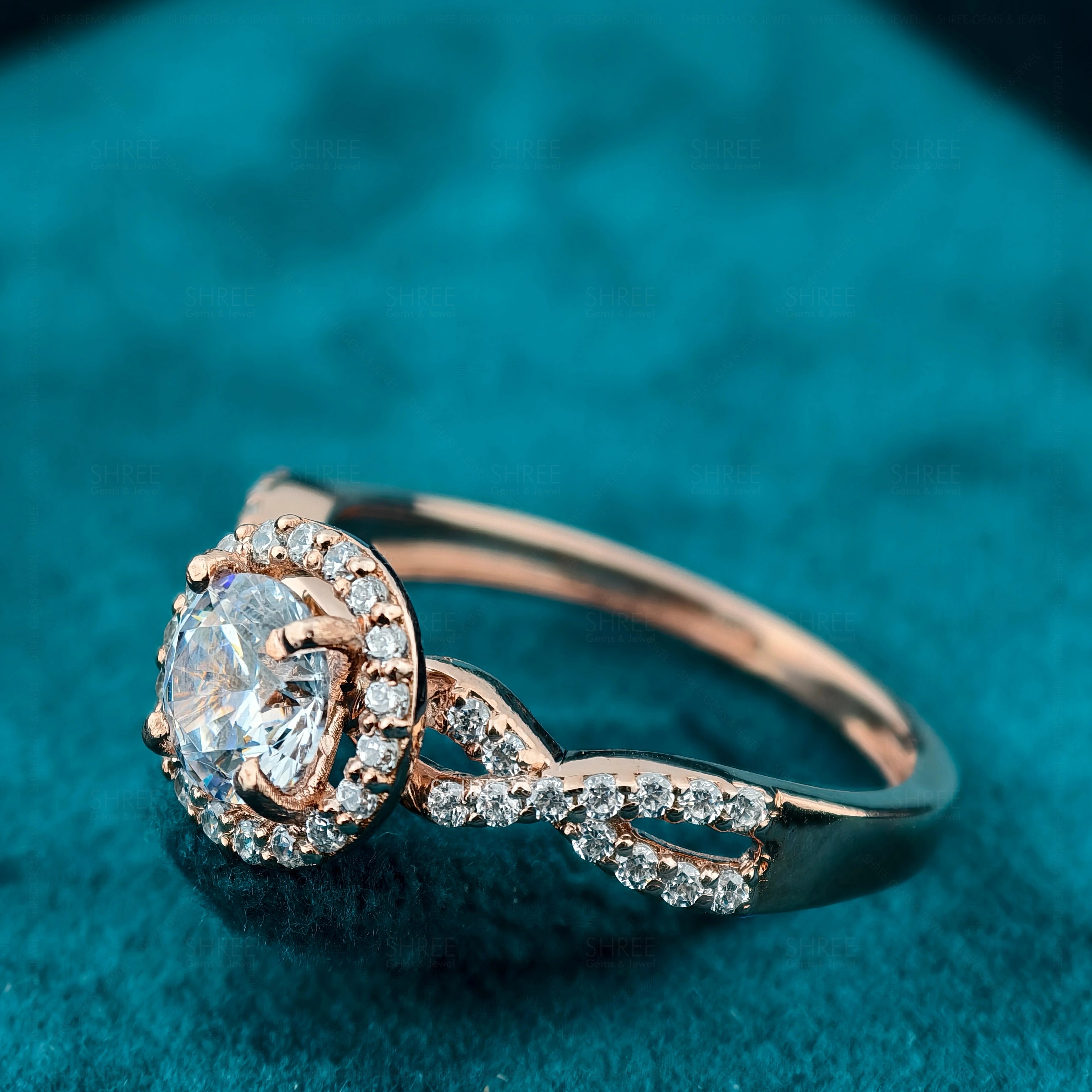 Side view of 1 Ct Round Diamond Twisted Halo Engagement Ring
