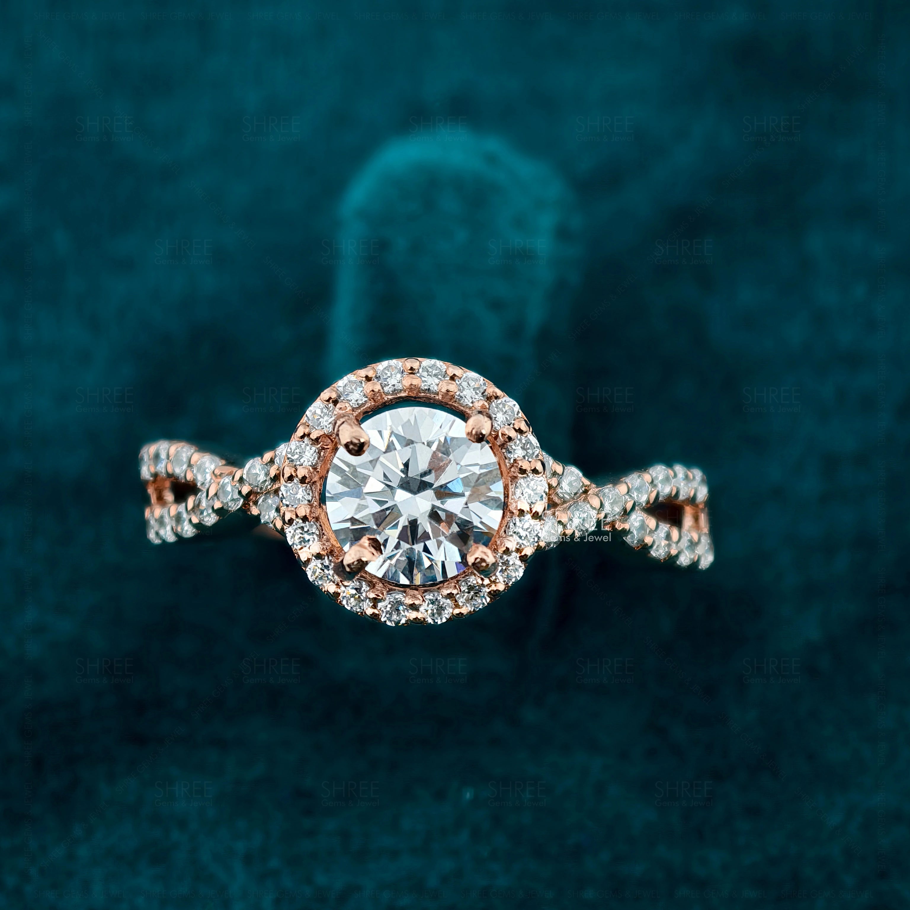 Front view of 1 Ct Round Diamond Twisted Halo Engagement Ring