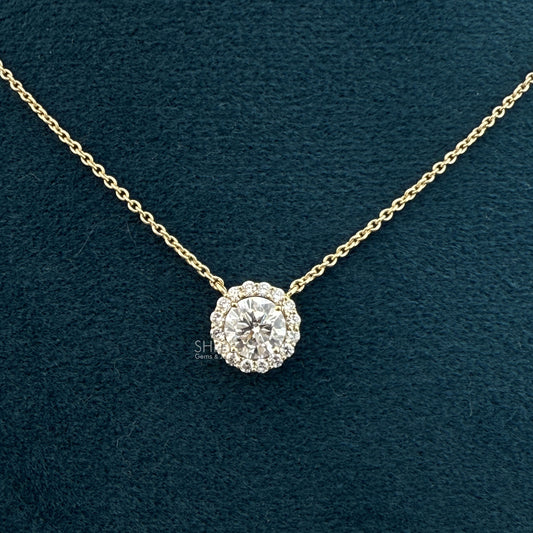 front view of halo diamond necklace

