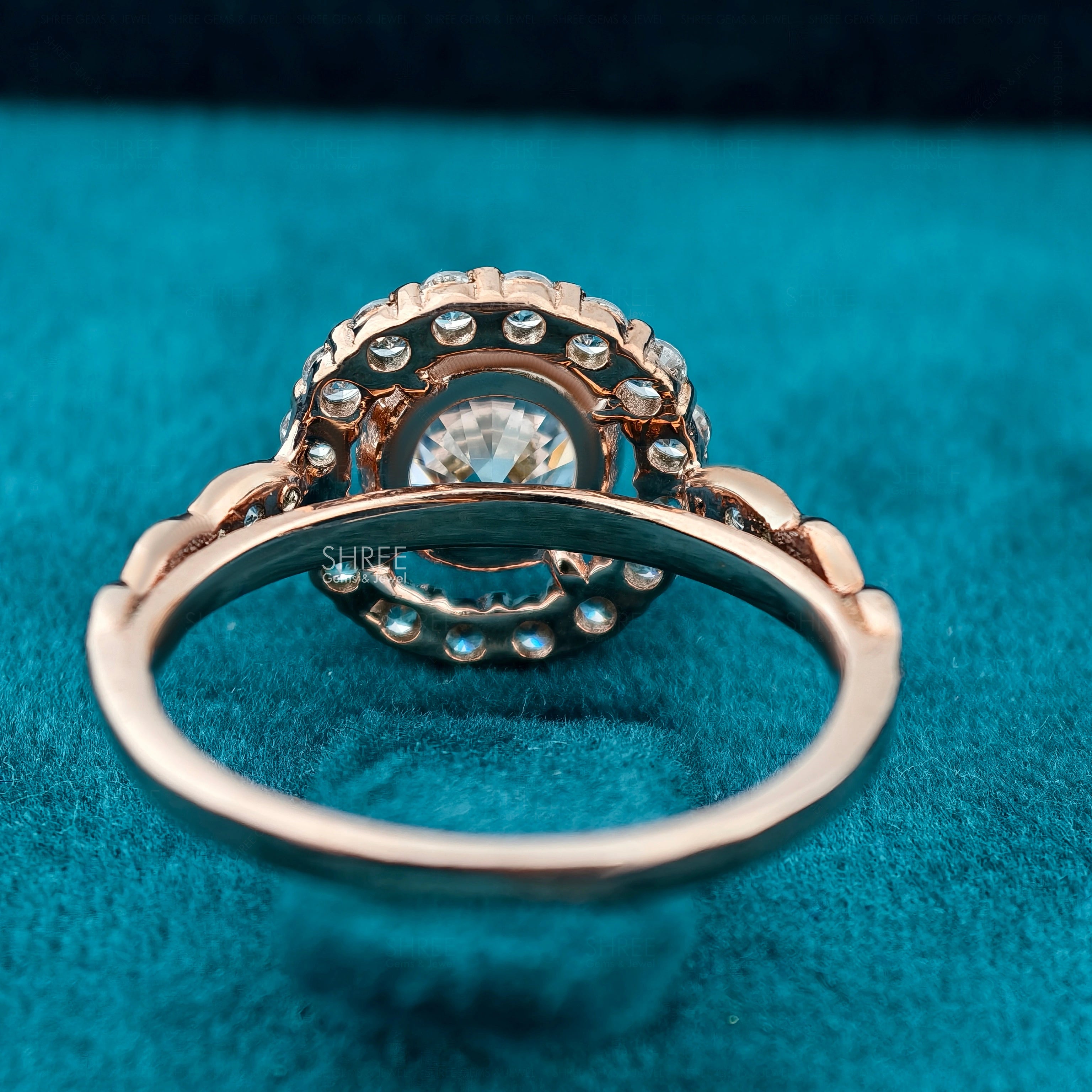 Back side view of 1Ct Round Lab Diamond Vintage Style Halo Engagement Ring