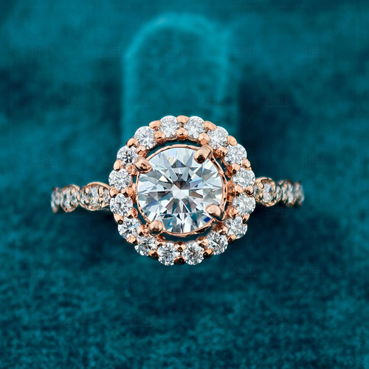 Fornt view of 1Ct Round Lab Diamond Vintage Style Halo Engagement Ring