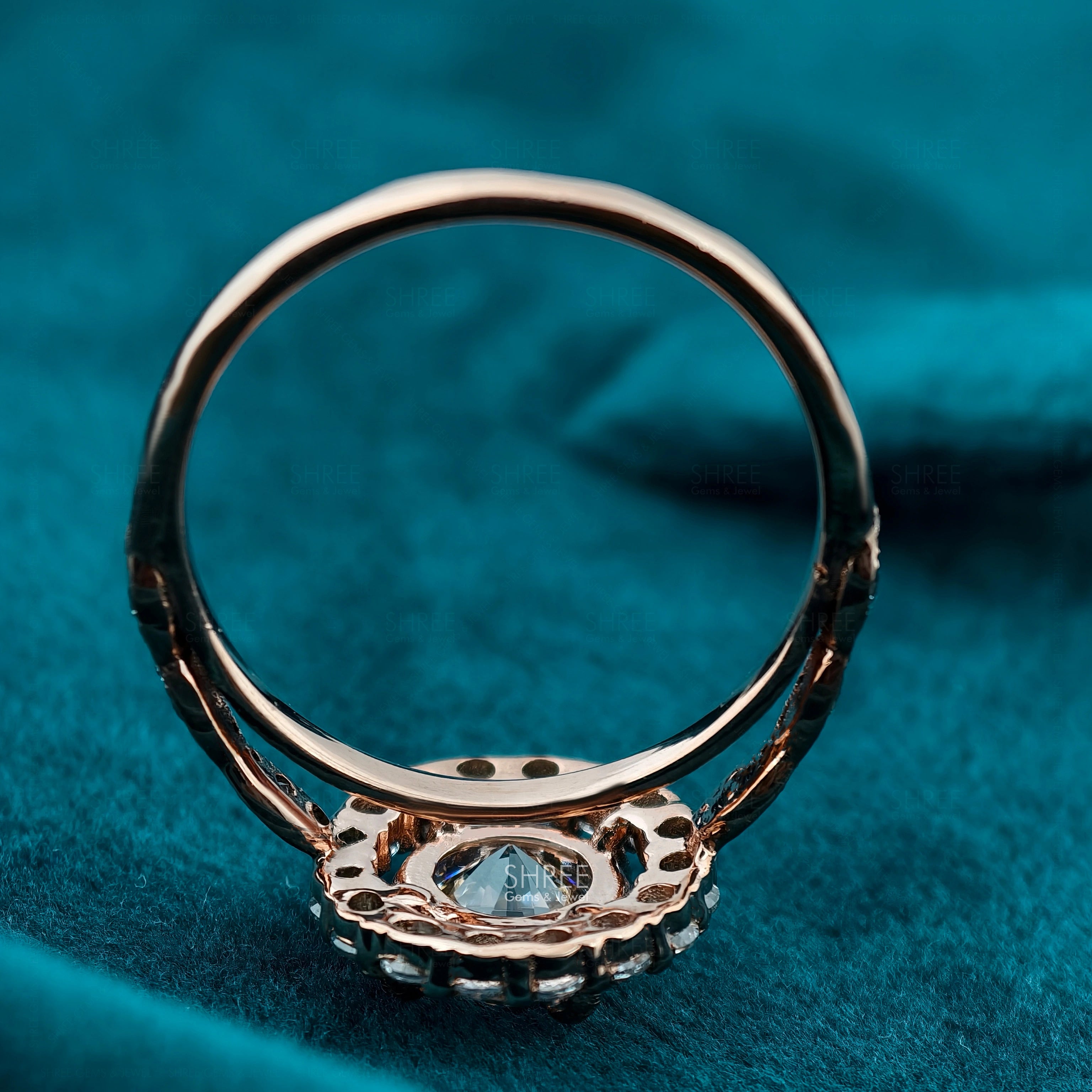 Upside down view of 1Ct Round Lab Diamond Vintage Style Halo Engagement Ring