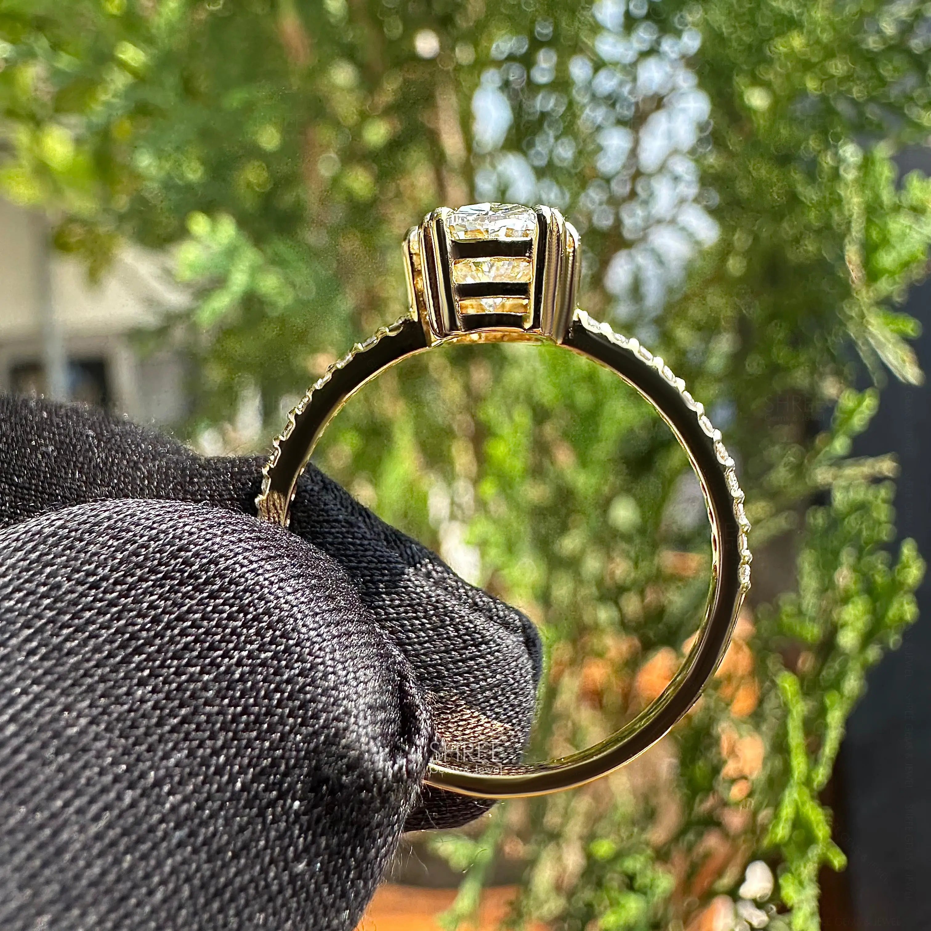 full view of oval diamond engagement ring